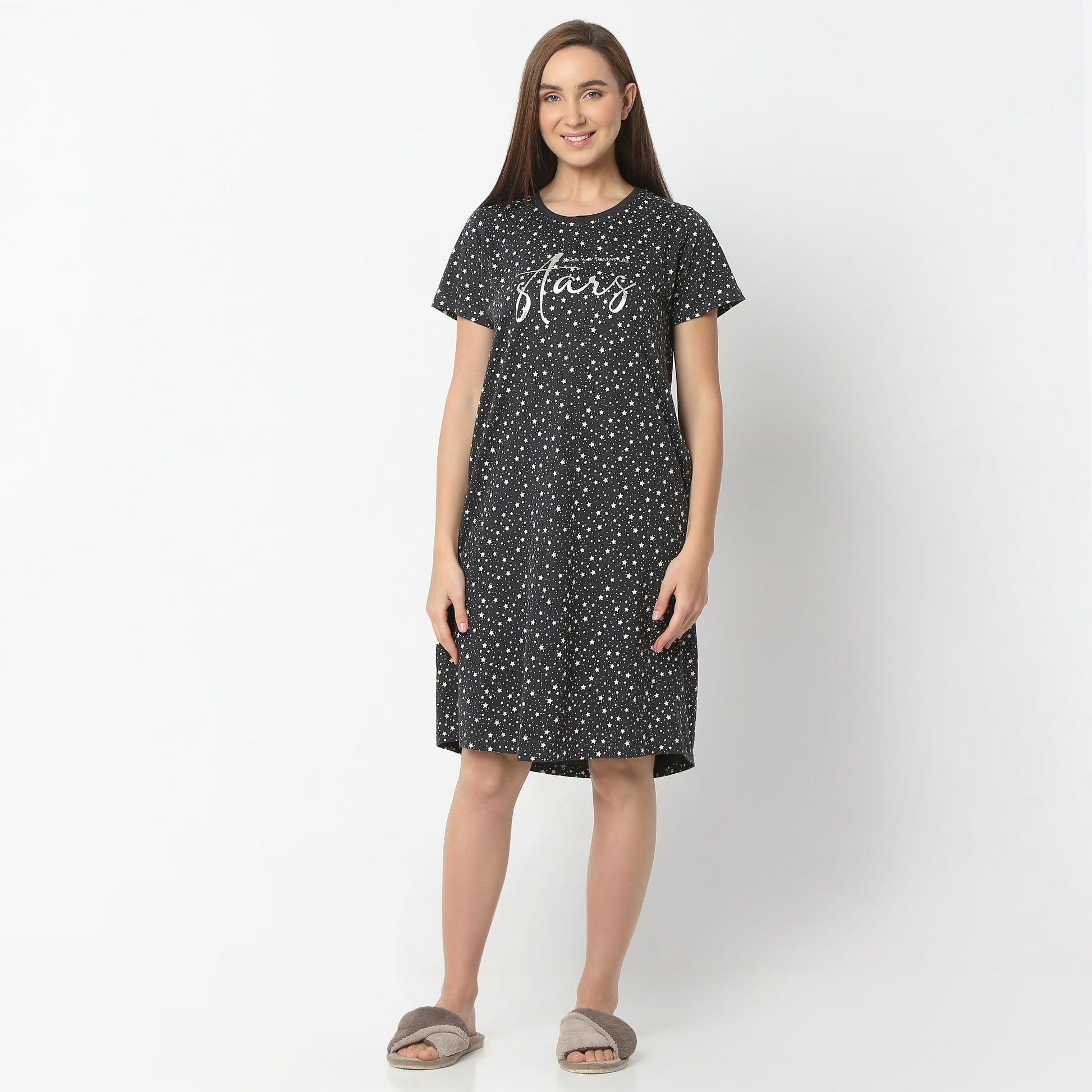 Regular Fit Floral Round Neck Knee Length Gown