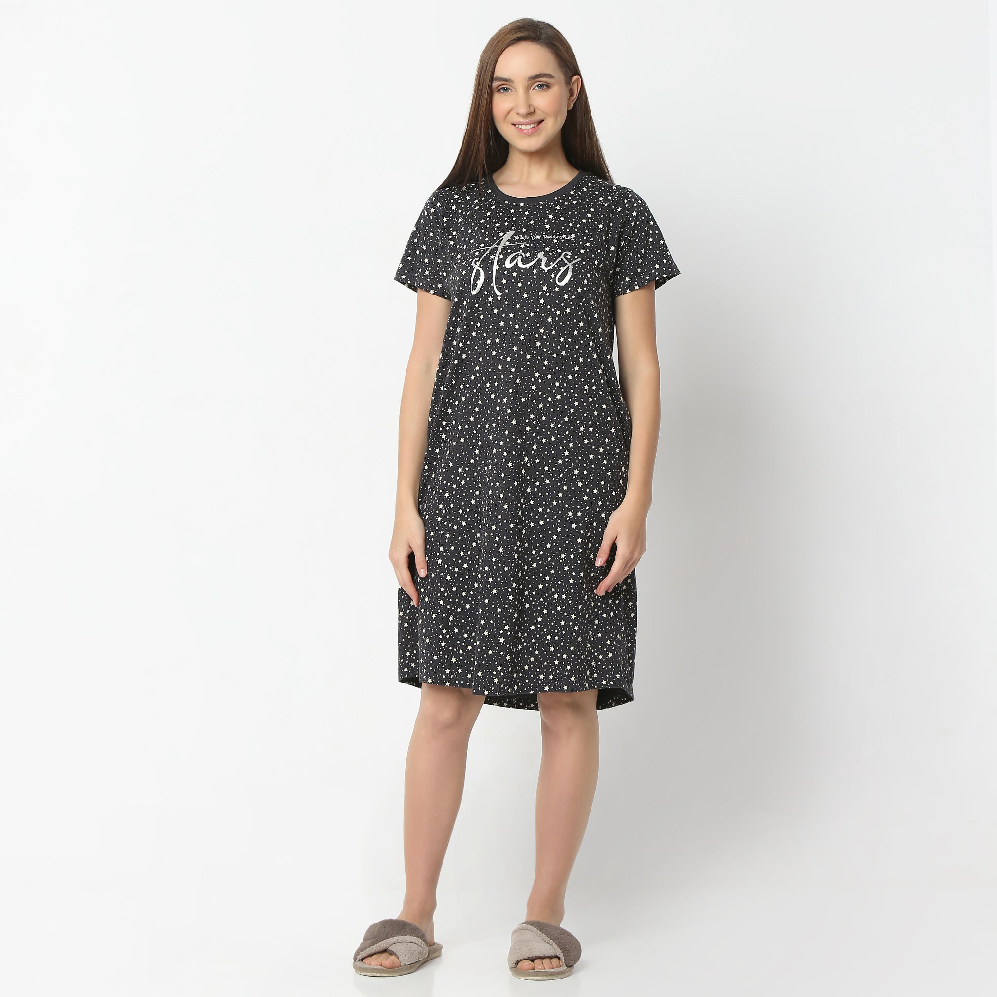 Regular Fit Floral Round Neck Knee Length Gown