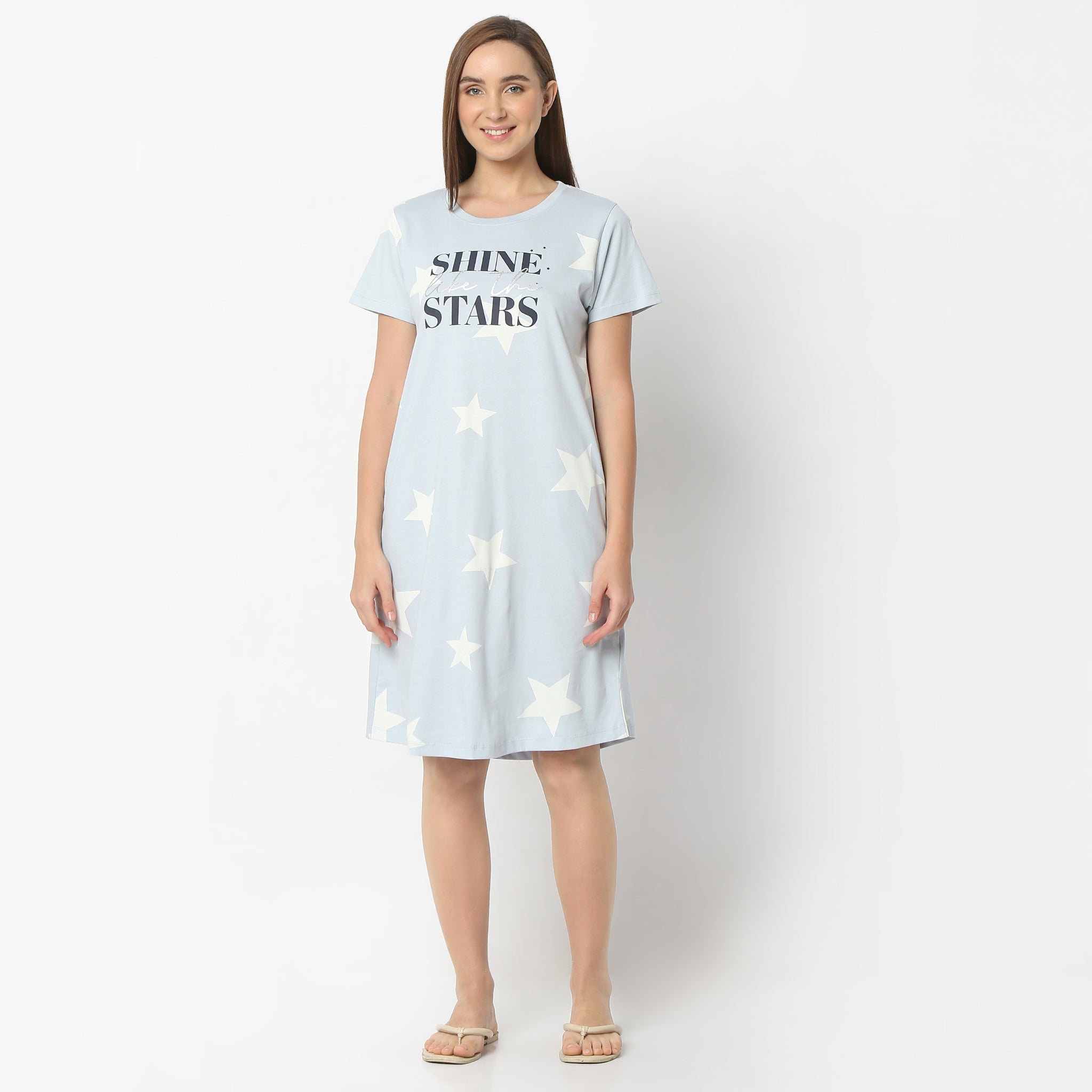 Regular Fit Floral Round Neck Knee Length Gown