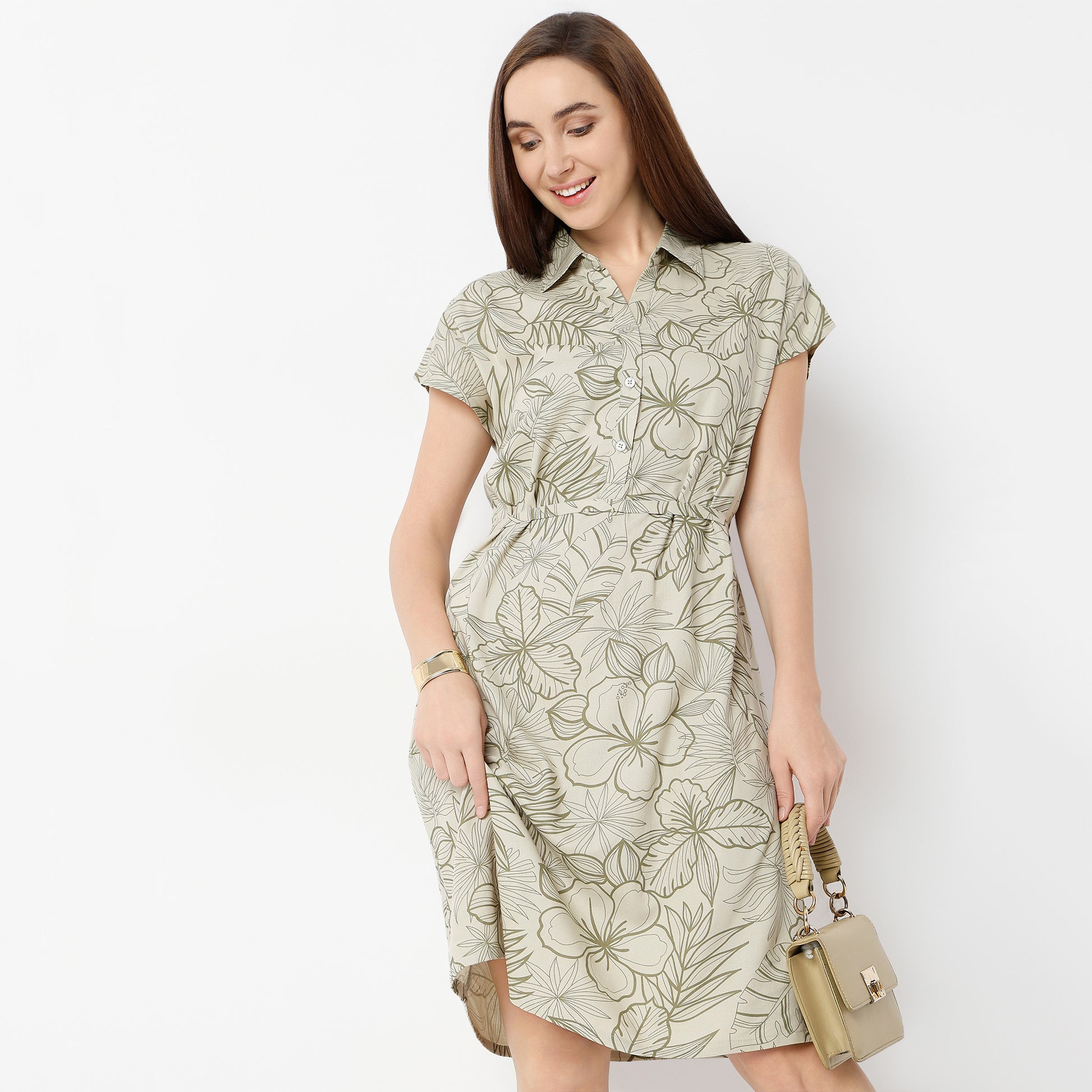 Regular Fit Floral Shirt Collar Gown