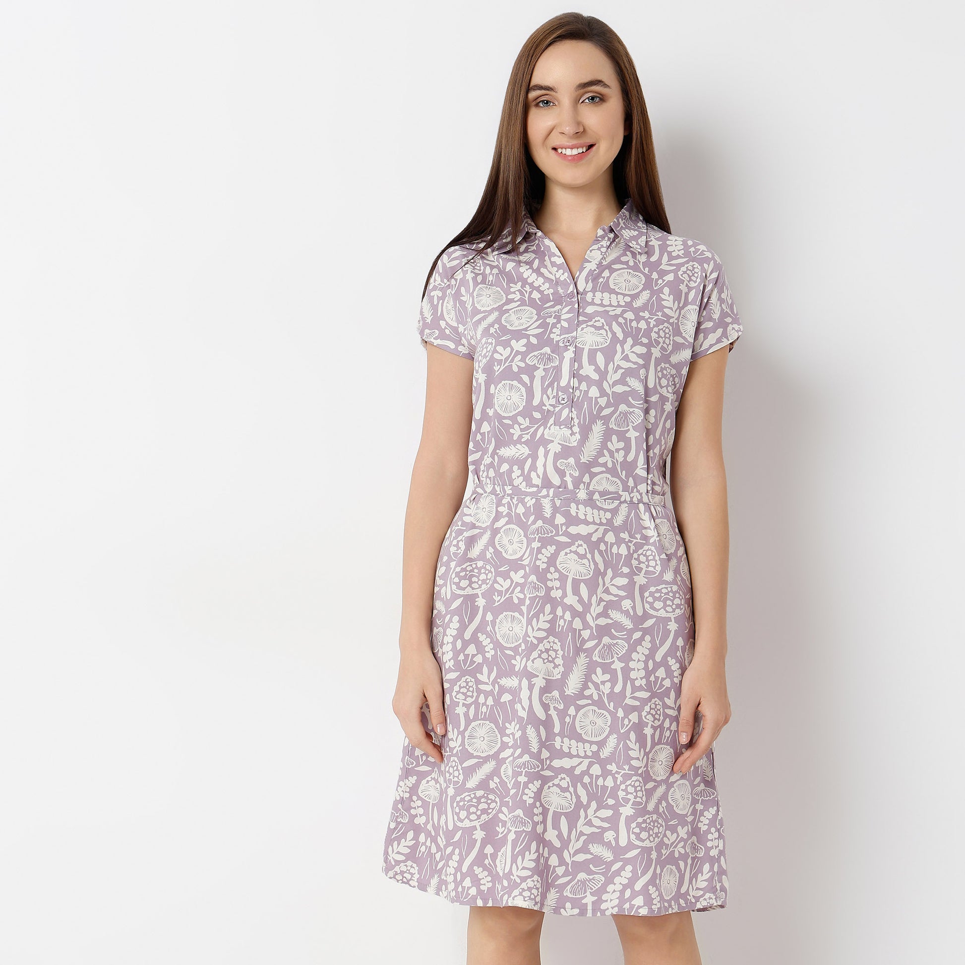 Regular Fit Floral Shirt Collar Gown