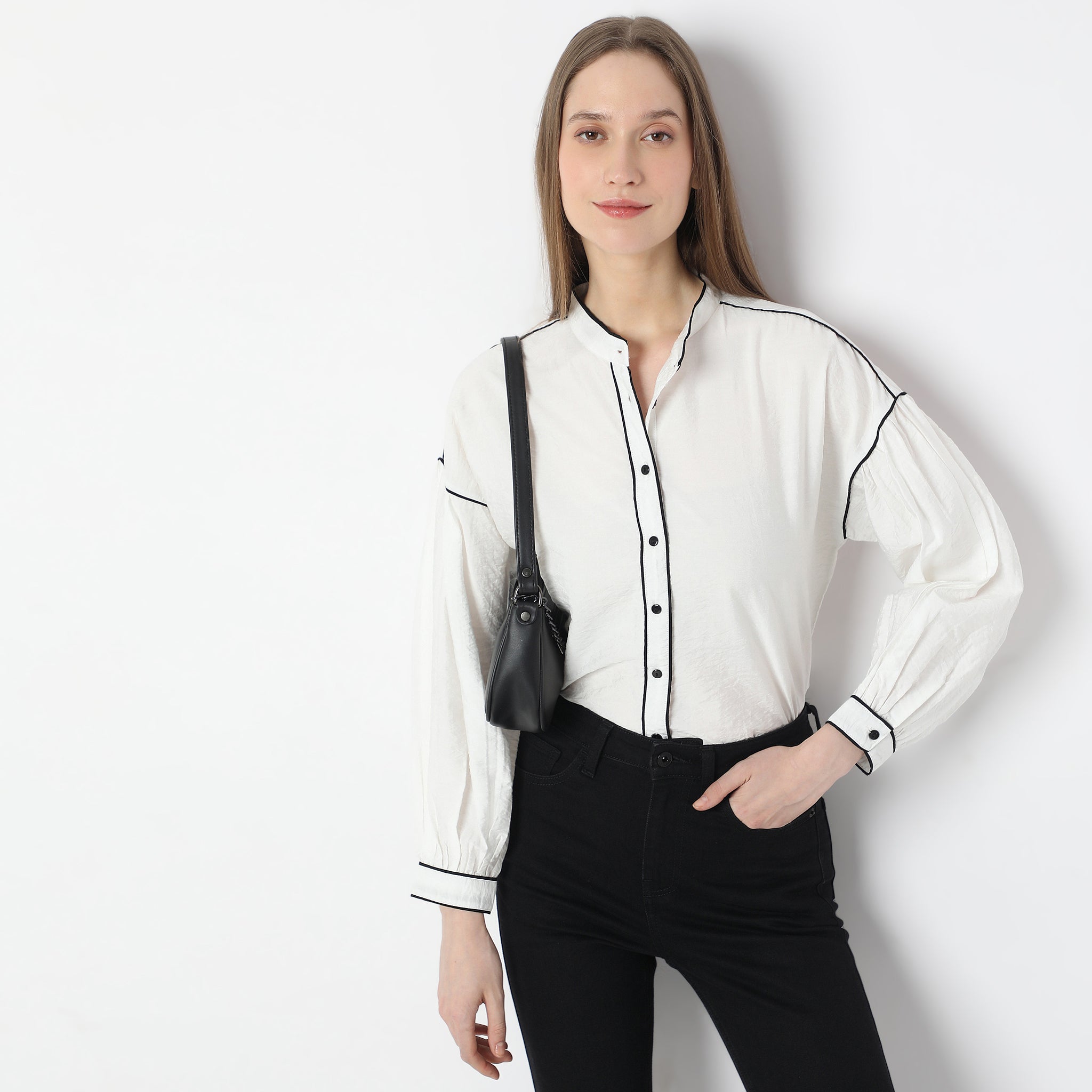 Solid Full-Sleeve Casual Shirt with Black Piping