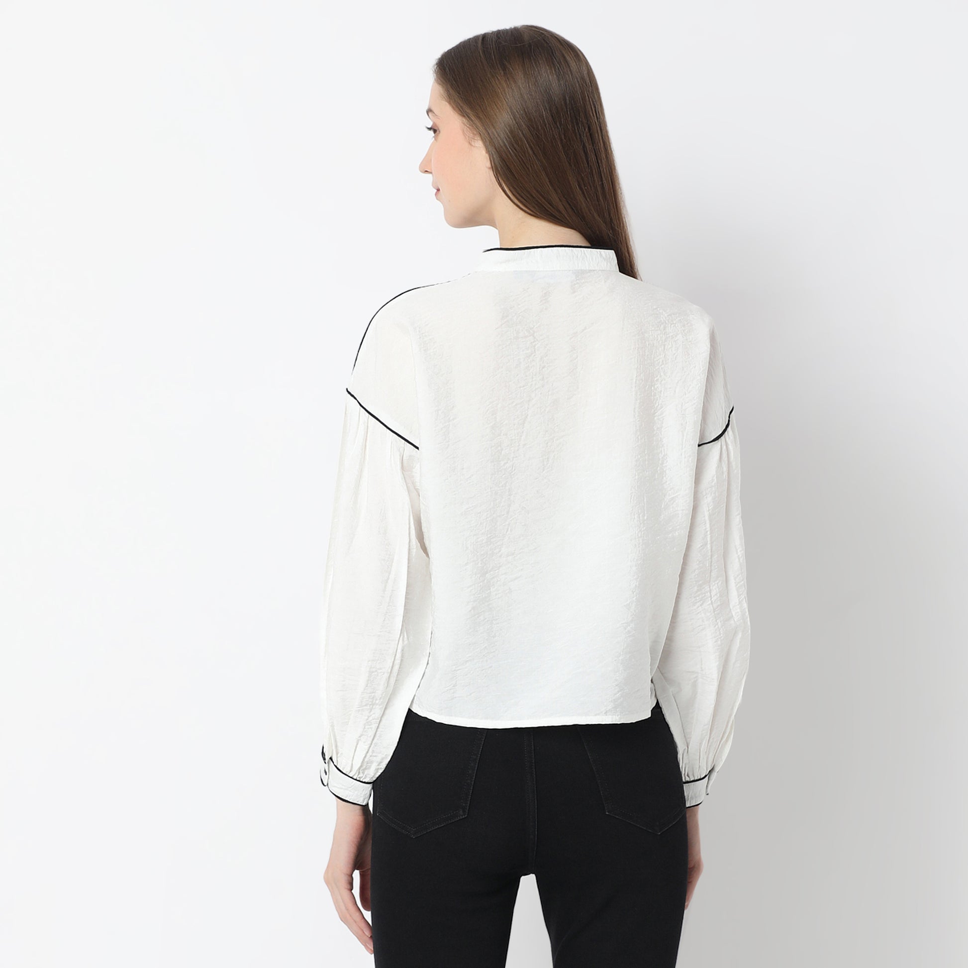 Solid Full-Sleeve Casual Shirt with Black Piping