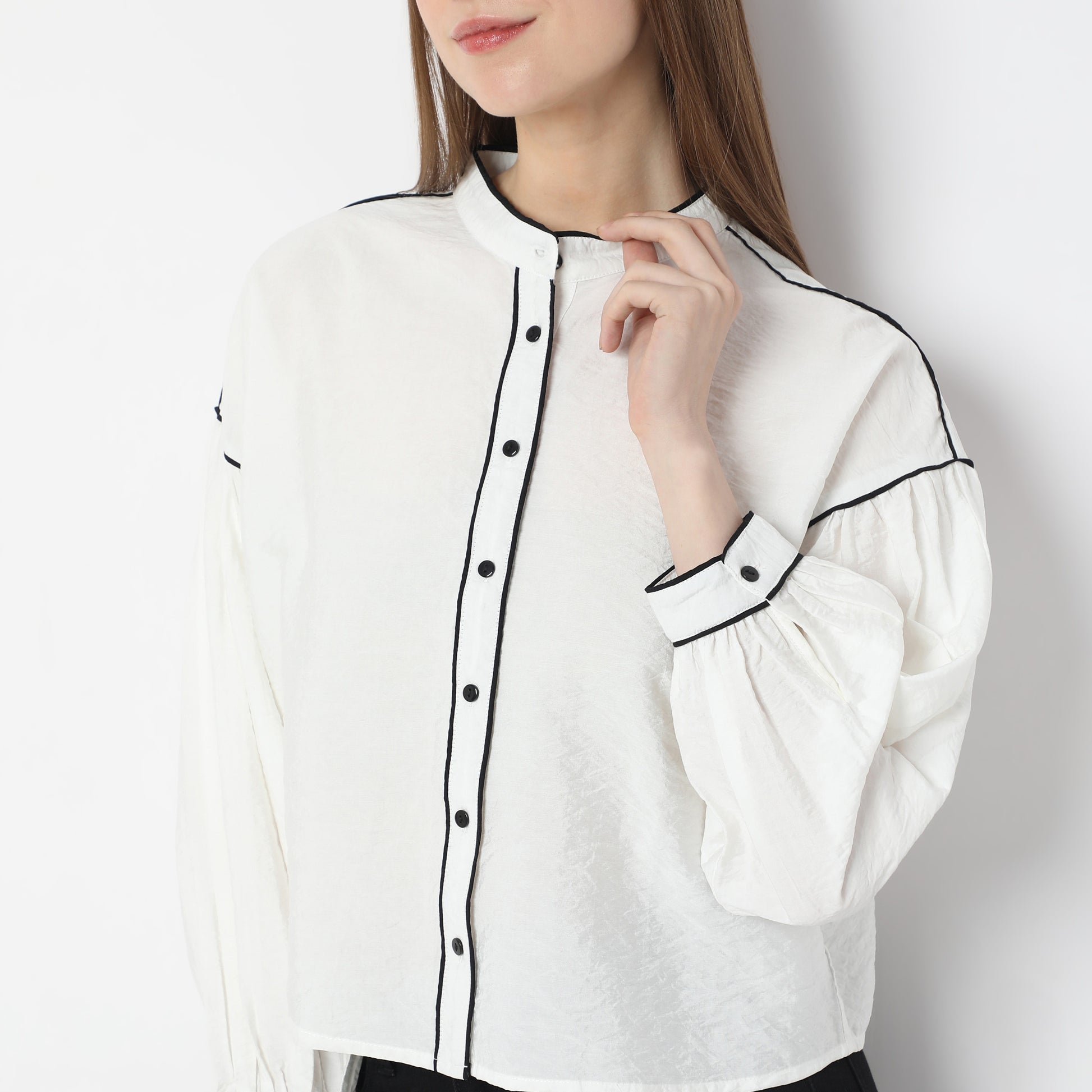 Solid Full-Sleeve Casual Shirt with Black Piping