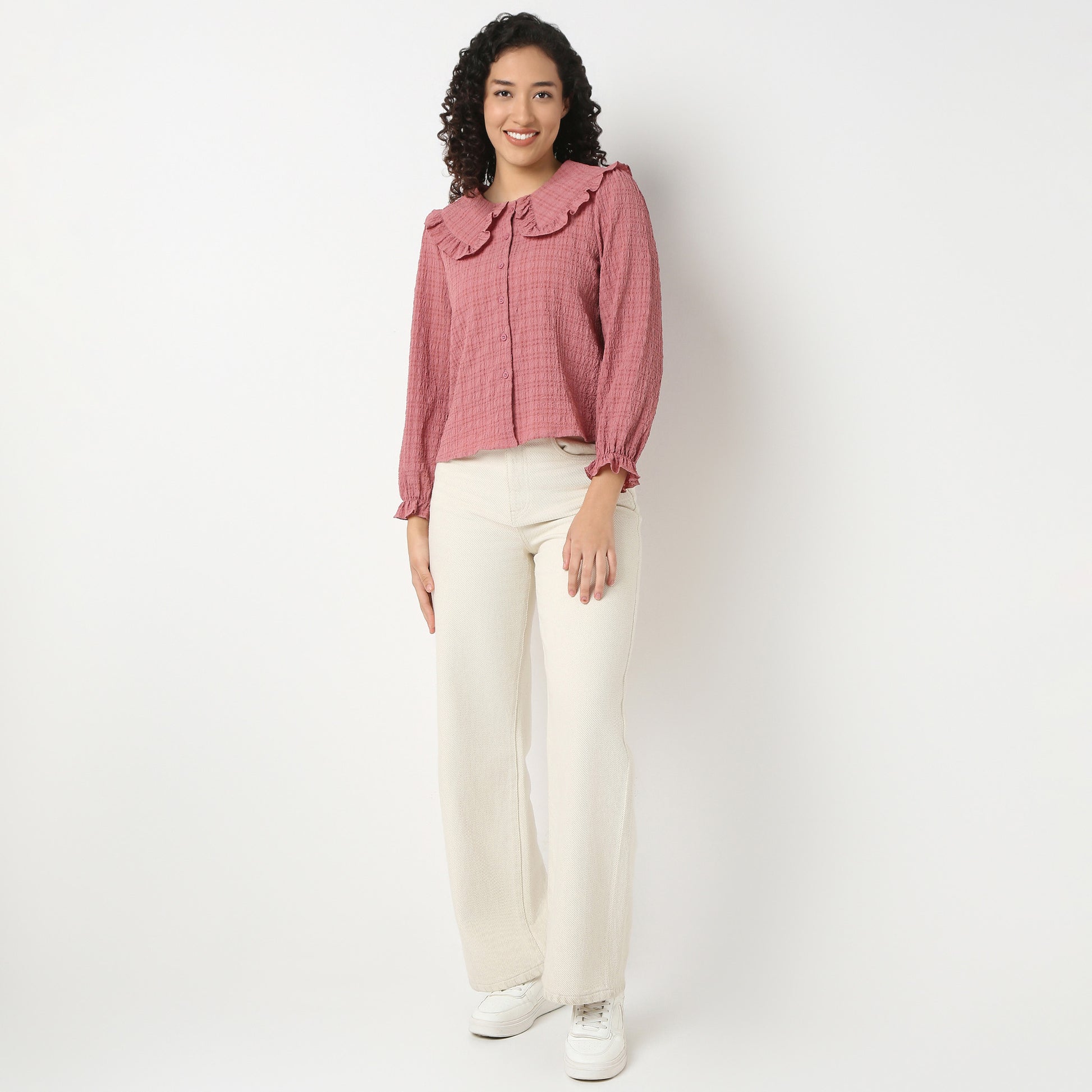 Full Front Button Placket Peter Pan Collar With Ruffle Trim Shirt