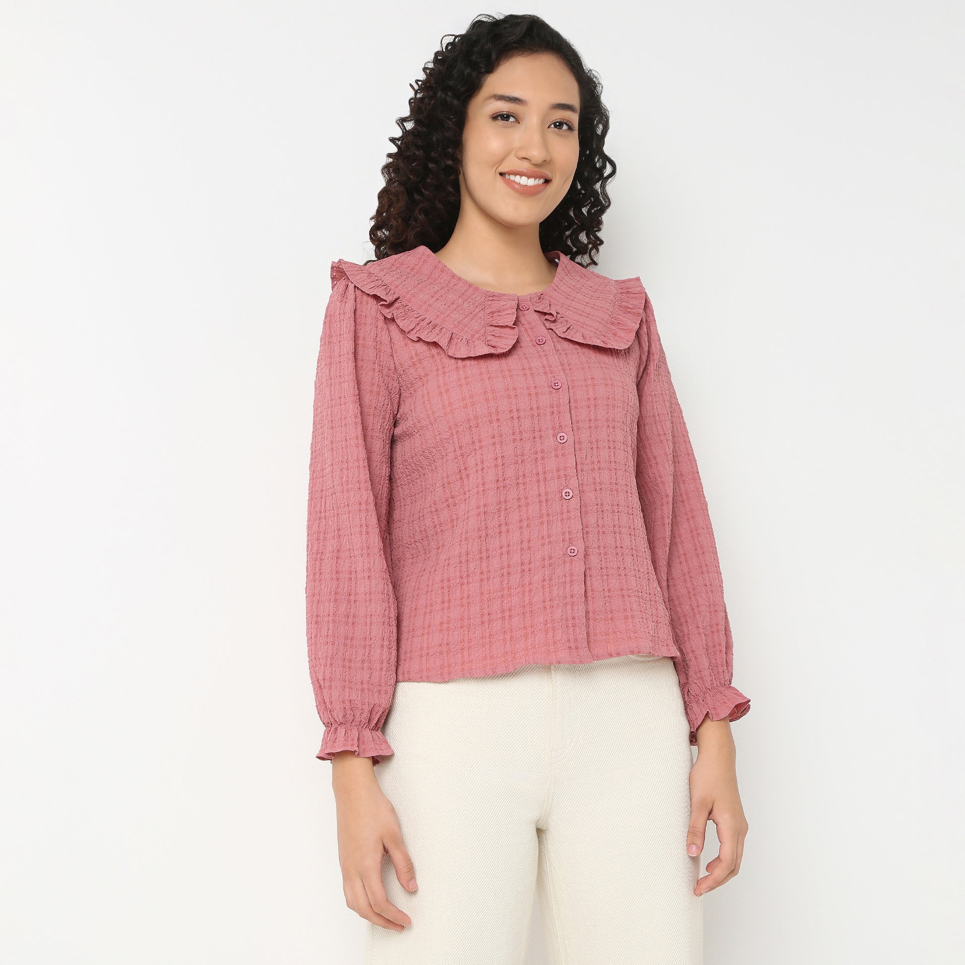 Full Front Button Placket Peter Pan Collar With Ruffle Trim Shirt