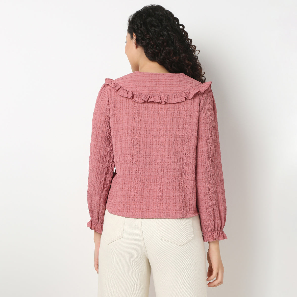 Full Front Button Placket Peter Pan Collar With Ruffle Trim Shirt
