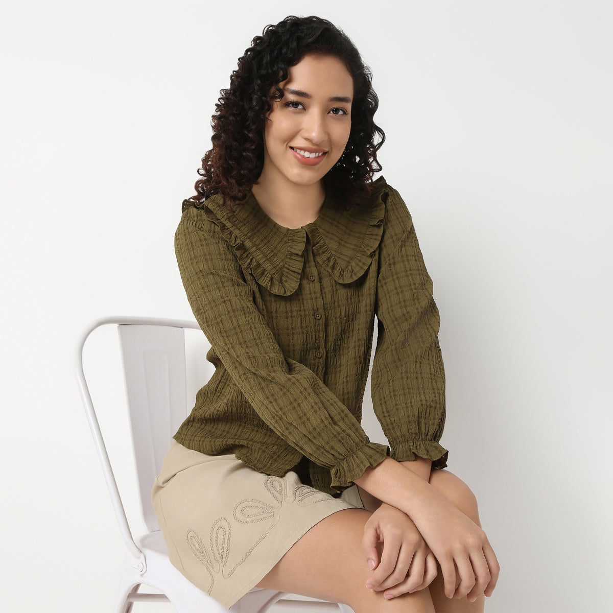 Full Front Button Placket Peter Pan Collar With Ruffle Trim Shirt