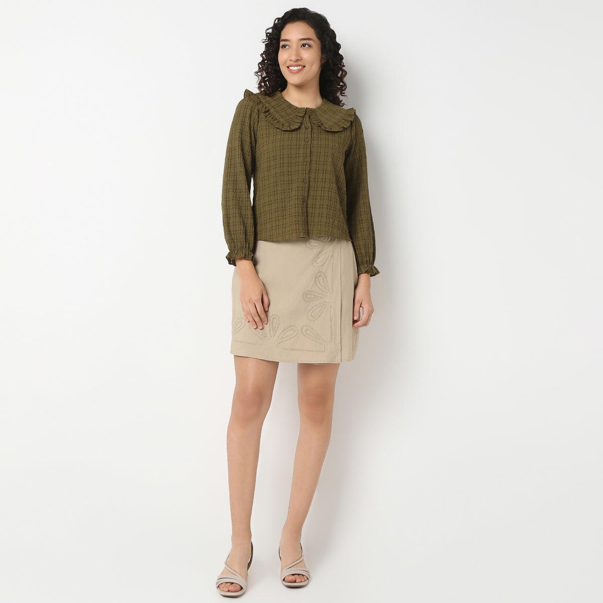 Full Front Button Placket Peter Pan Collar With Ruffle Trim Shirt