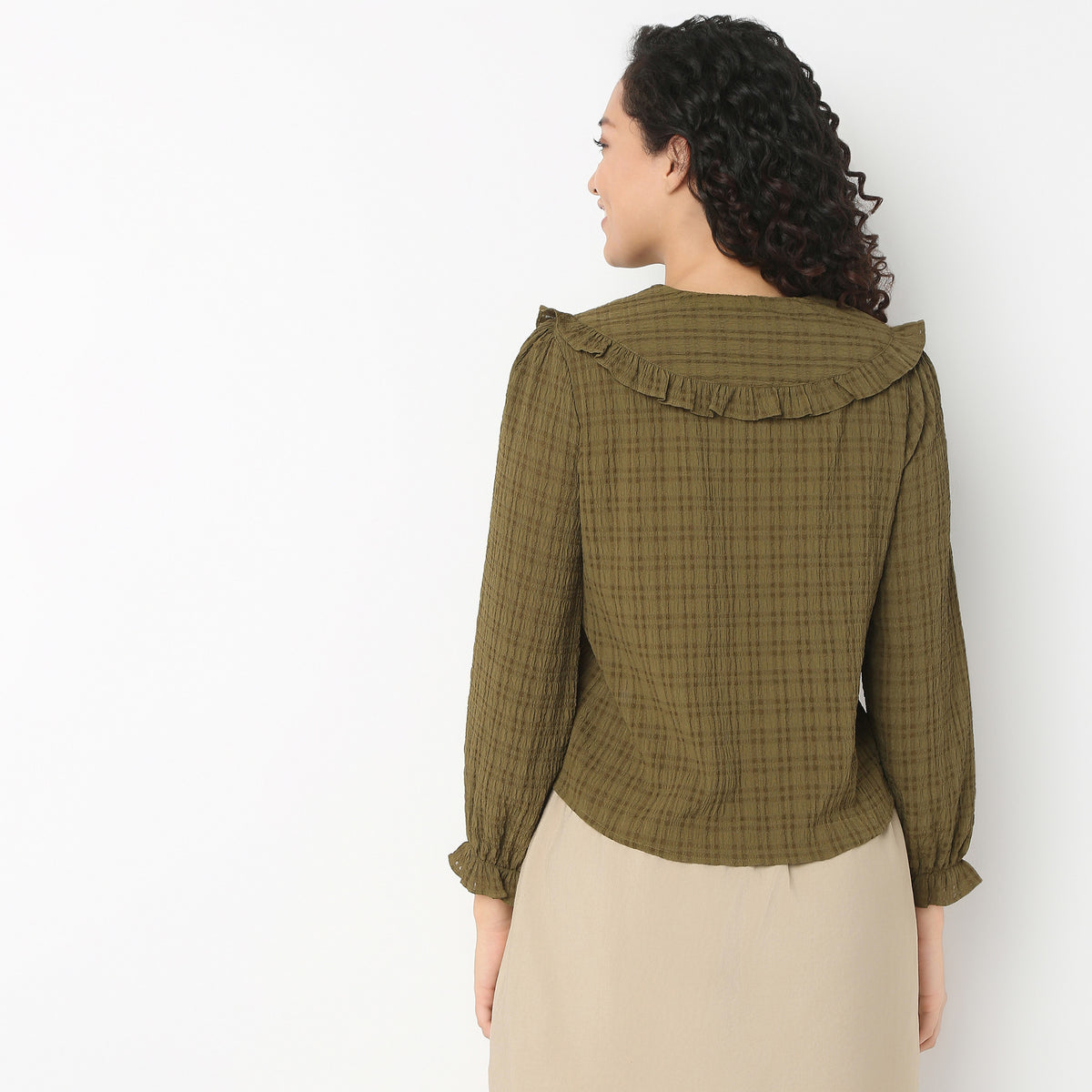 Full Front Button Placket Peter Pan Collar With Ruffle Trim Shirt