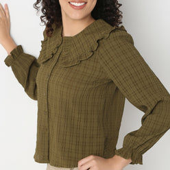 Full Front Button Placket Peter Pan Collar With Ruffle Trim Shirt