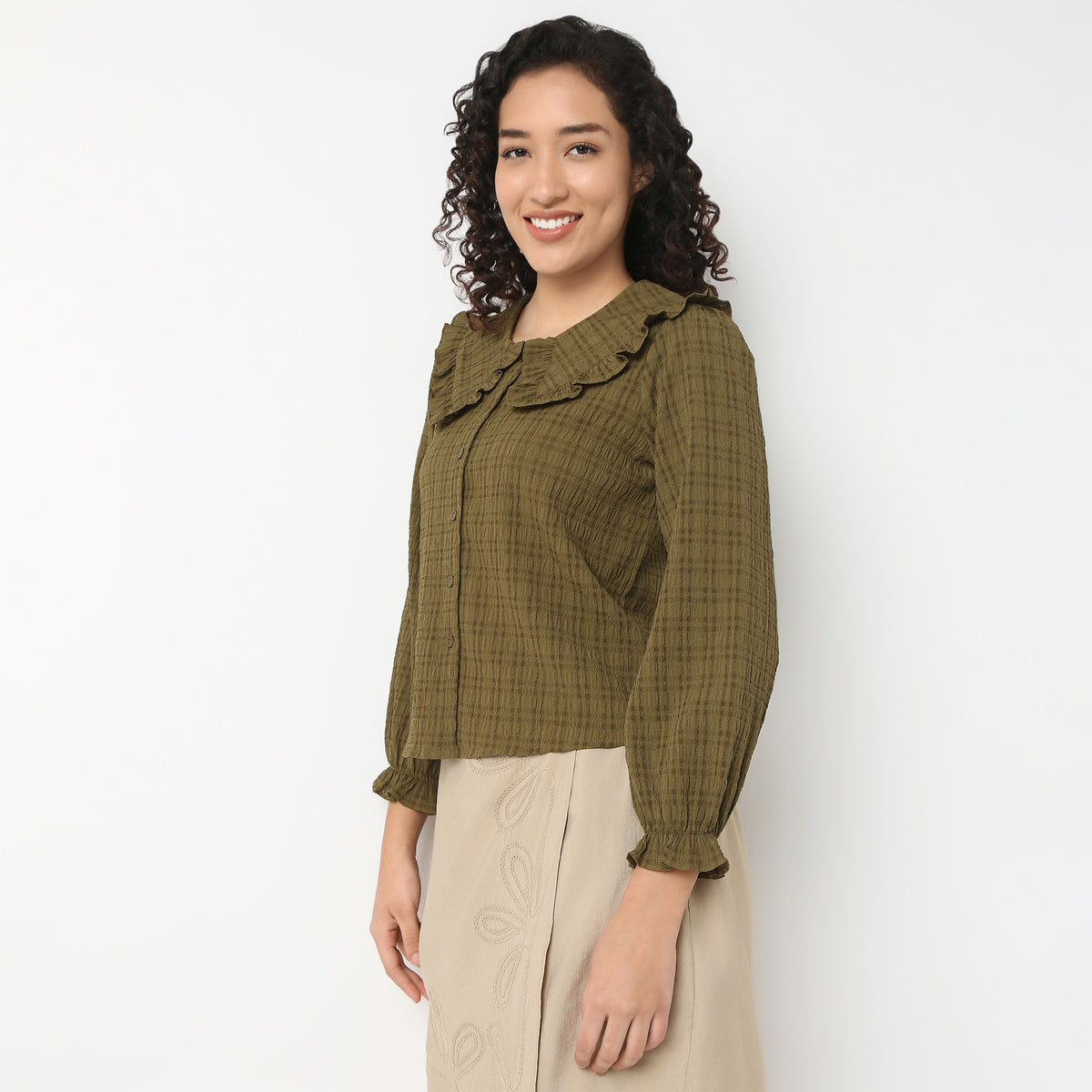 Full Front Button Placket Peter Pan Collar With Ruffle Trim Shirt
