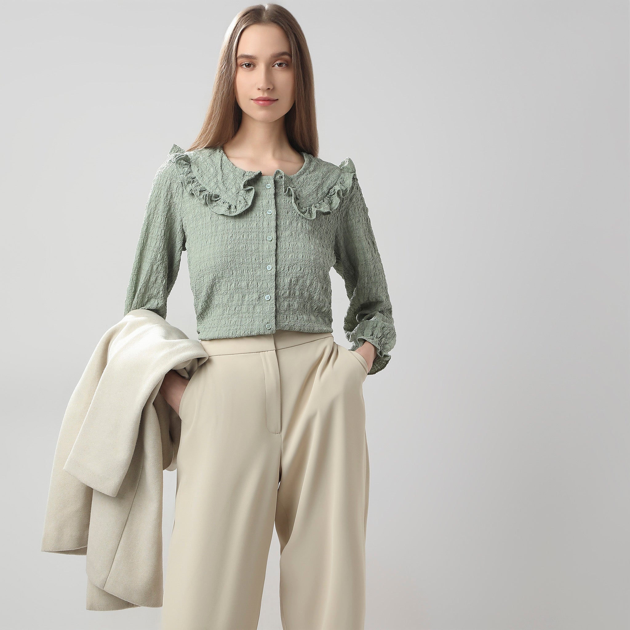 Full Front Button Placket Peter Pan Collar With Ruffle Trim Shirt