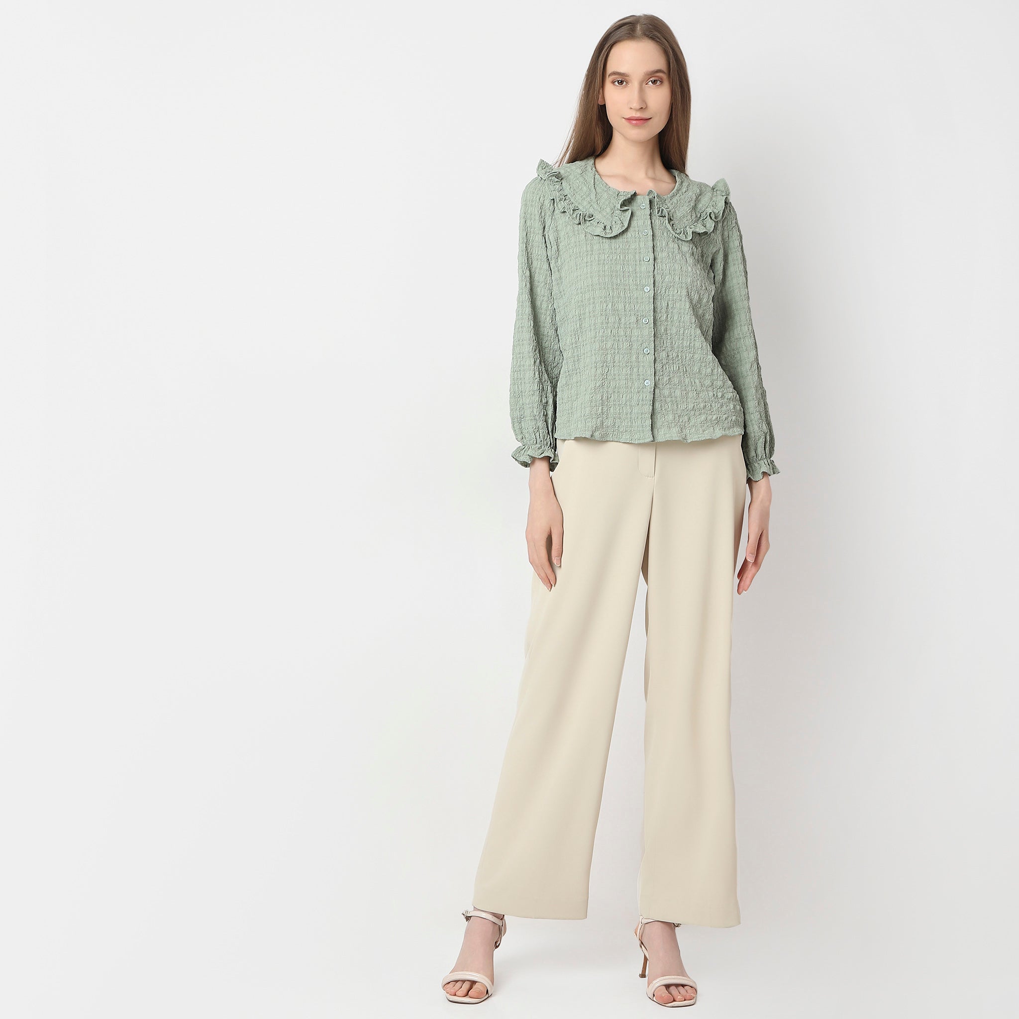 Full Front Button Placket Peter Pan Collar With Ruffle Trim Shirt