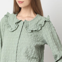 Full Front Button Placket Peter Pan Collar With Ruffle Trim Shirt