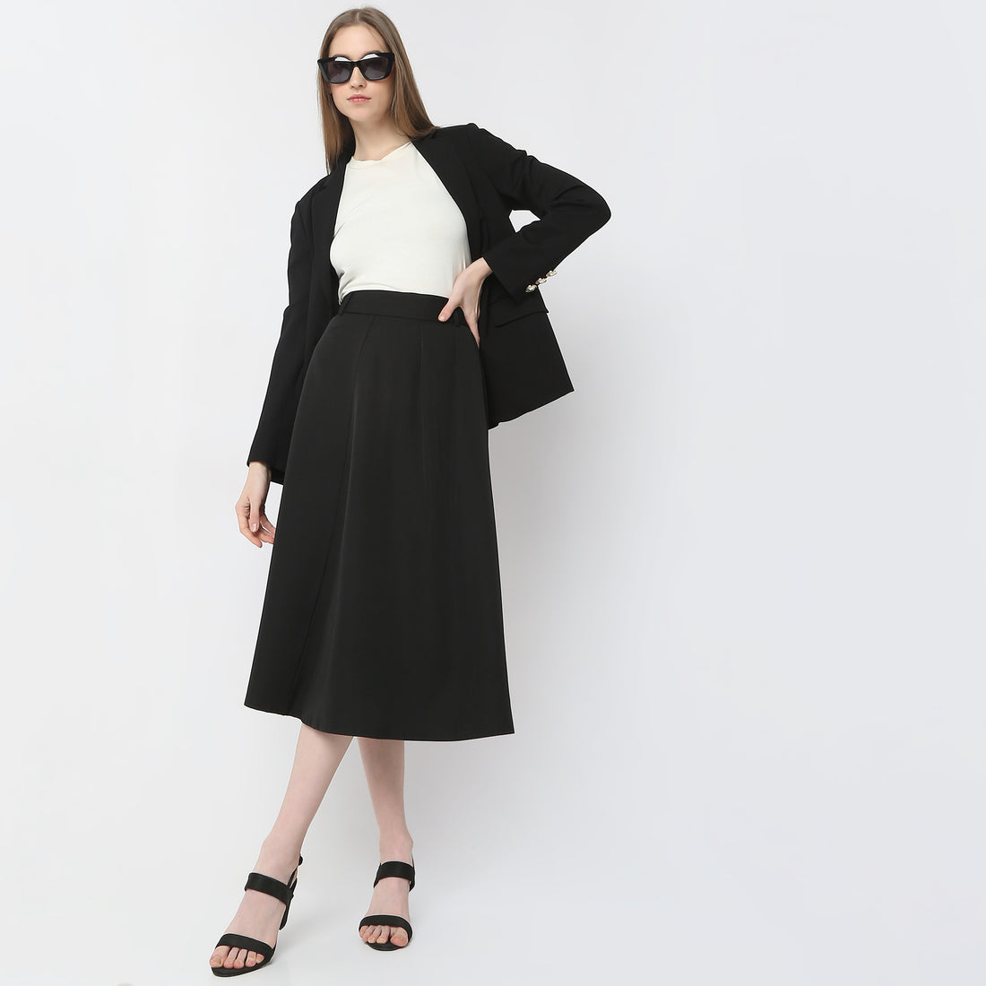 Flare Fit Solid Mid Rise Skirt