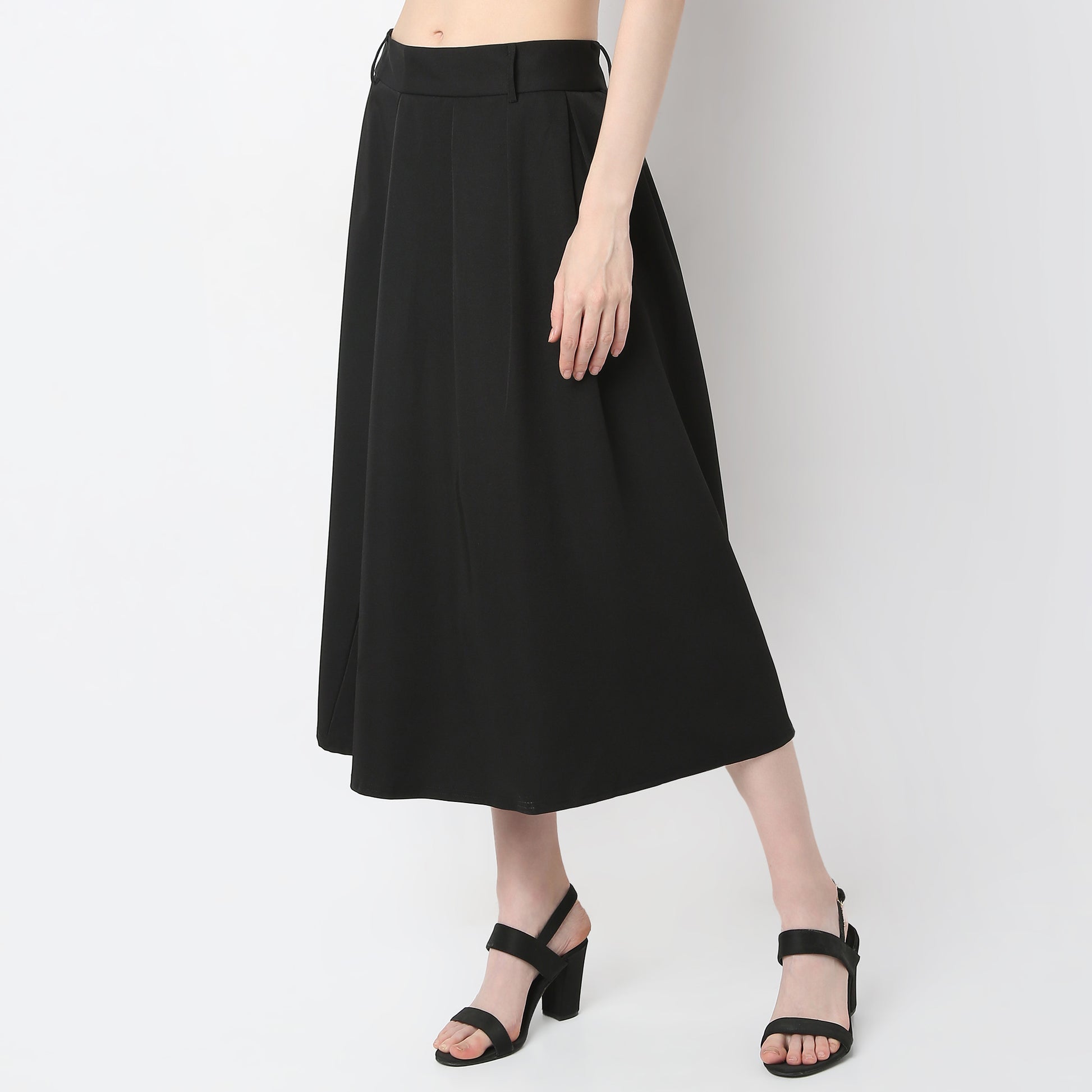 Flare Fit Solid Mid Rise Skirt