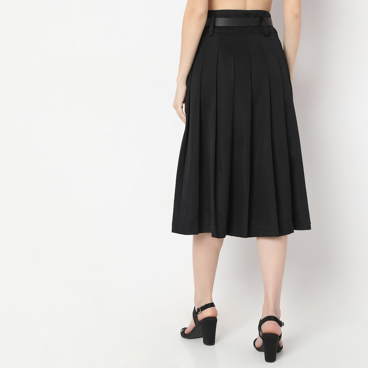 Flare Fit Calf Length Flared Skirt with Belts