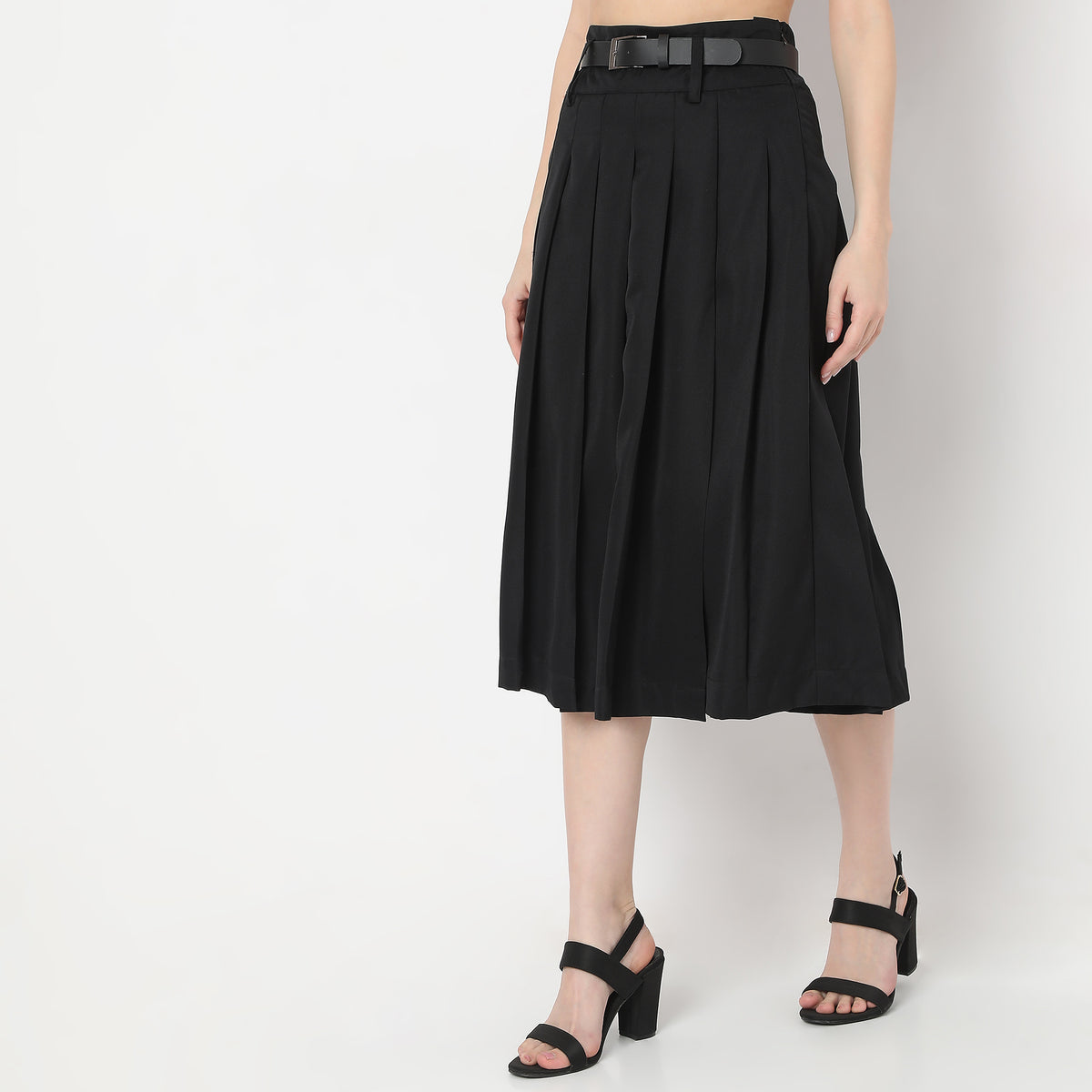 Flare Fit Calf Length Flared Skirt with Belts