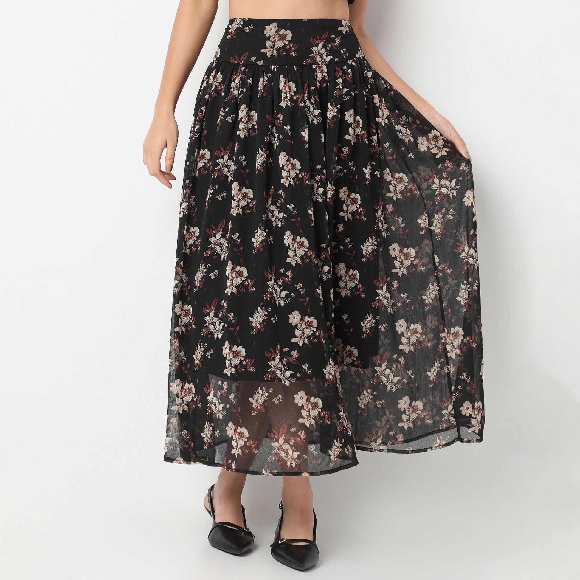 Flare Fit Printed Ankle Length Mid Rise Skirt