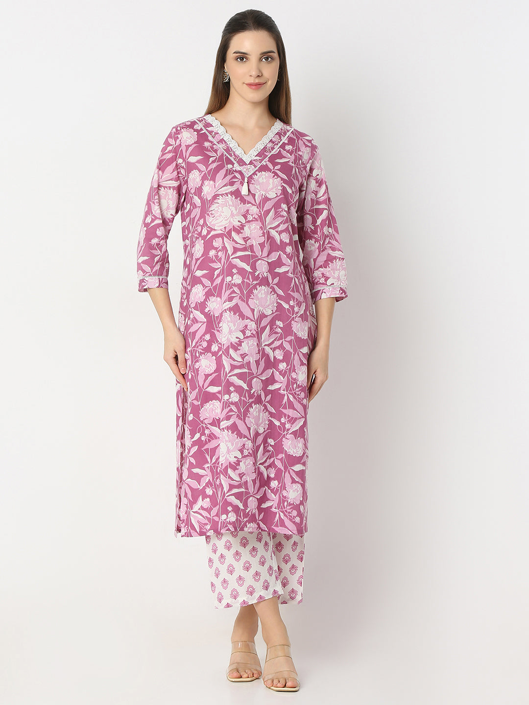 Floral Print V-Neck Straight Kurta and Pant with Dupatta Set