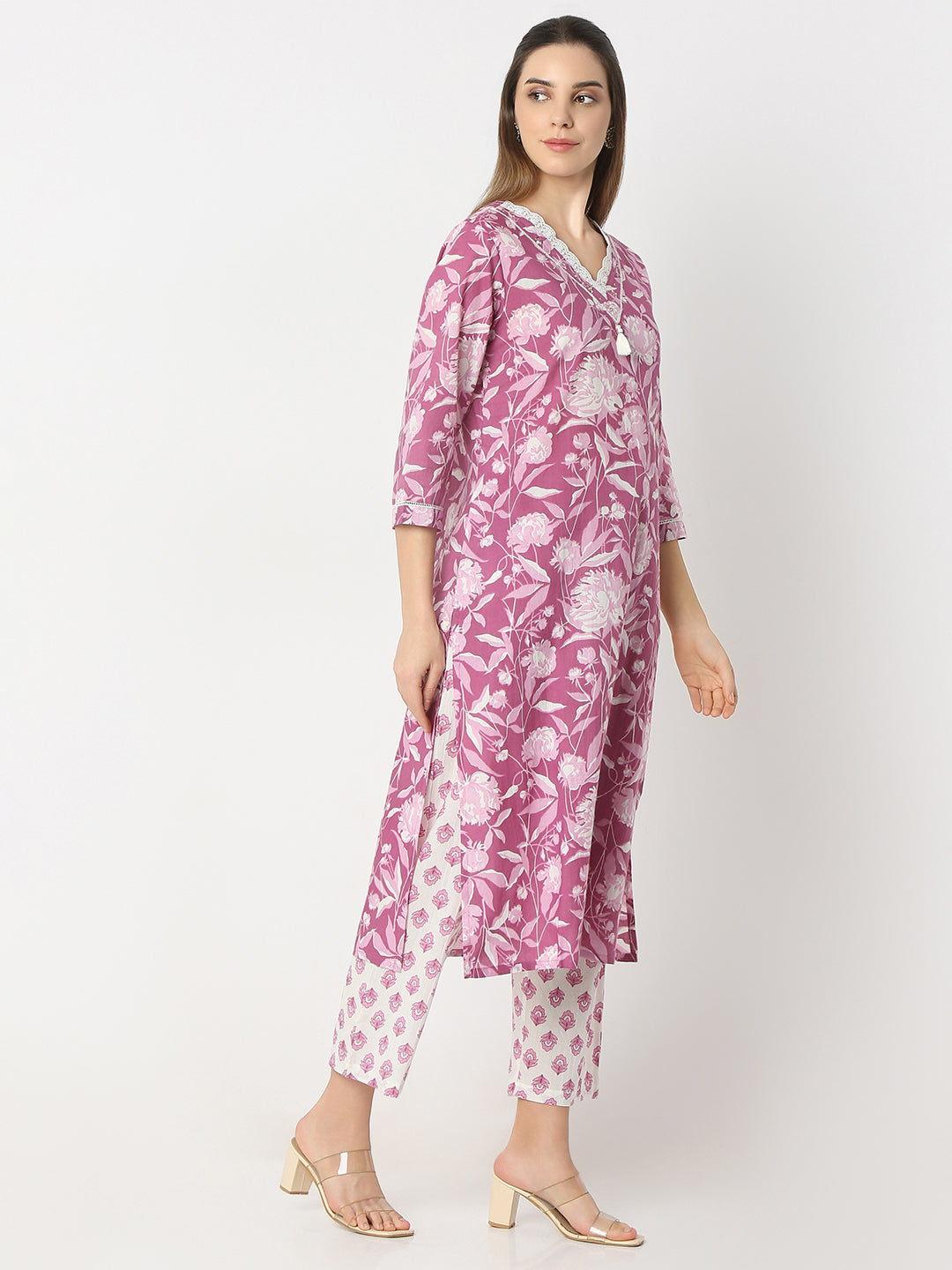 Floral Print V-Neck Straight Kurta and Pant with Dupatta Set