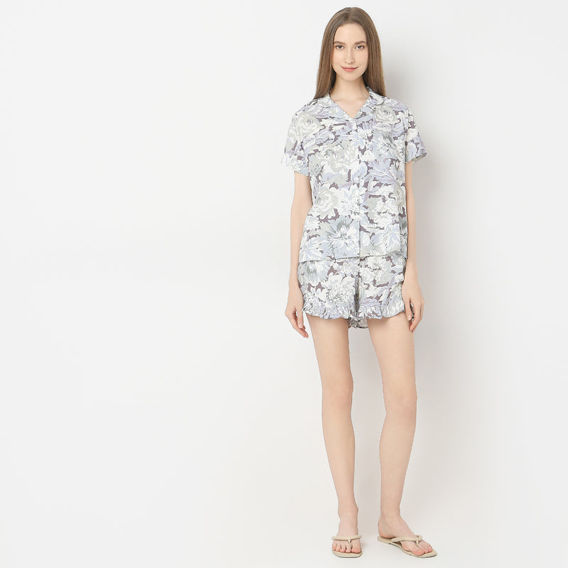 Regular Fit Printed Shirt with Shorts Sleepwear Set