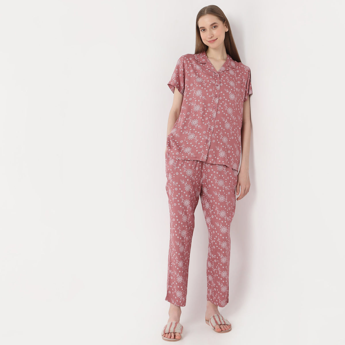 Regular Fit Printed Lapel Collar Shirt with Pyjama Set