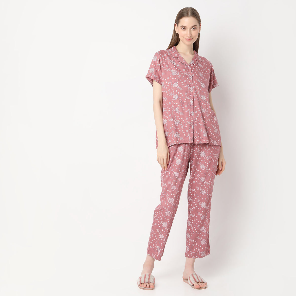 Regular Fit Printed Lapel Collar Shirt with Pyjama Set