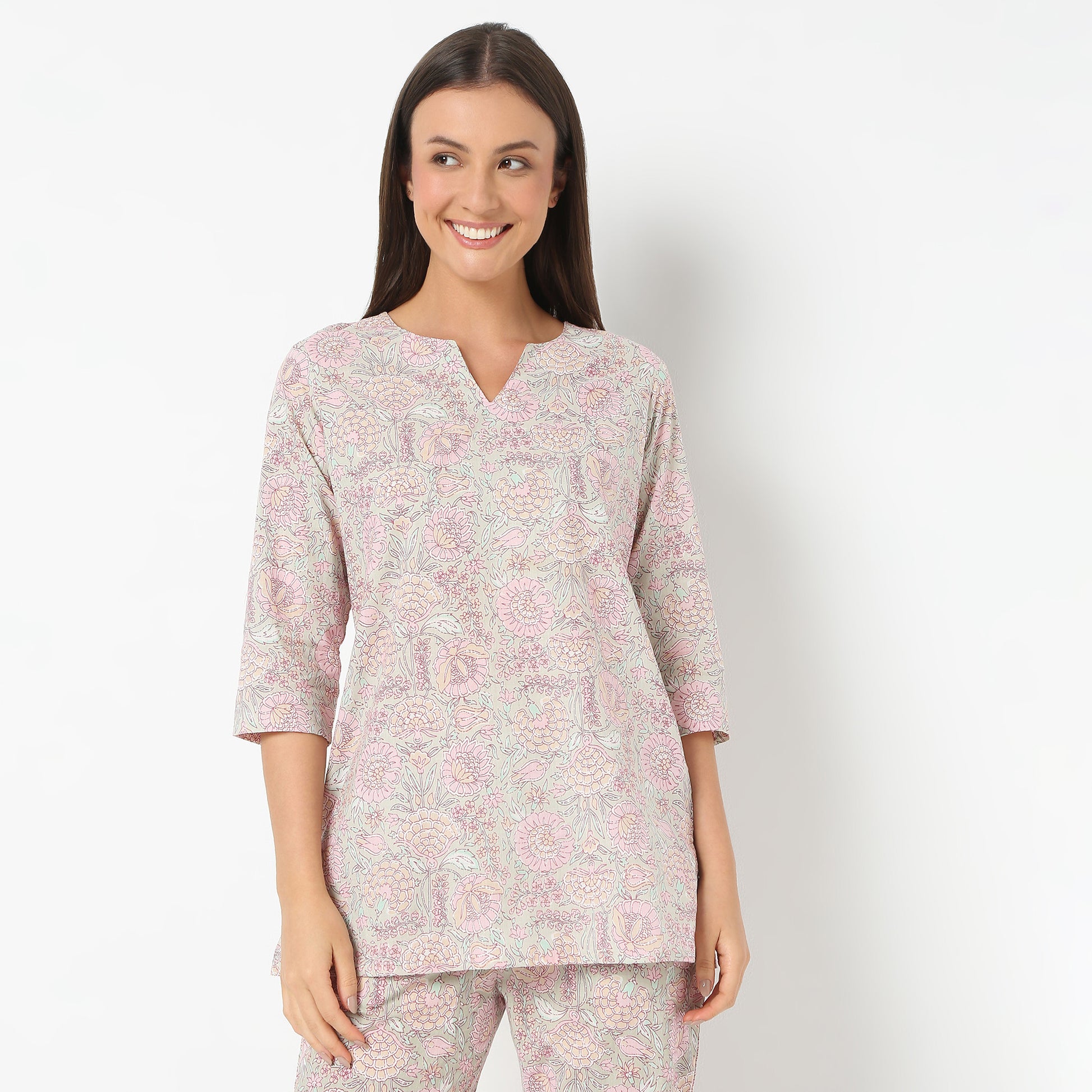 Round Neck Short Length Three-Fourth Sleeve Printed Jaipuri Topwear And With Pyjama Sleepwear Set
