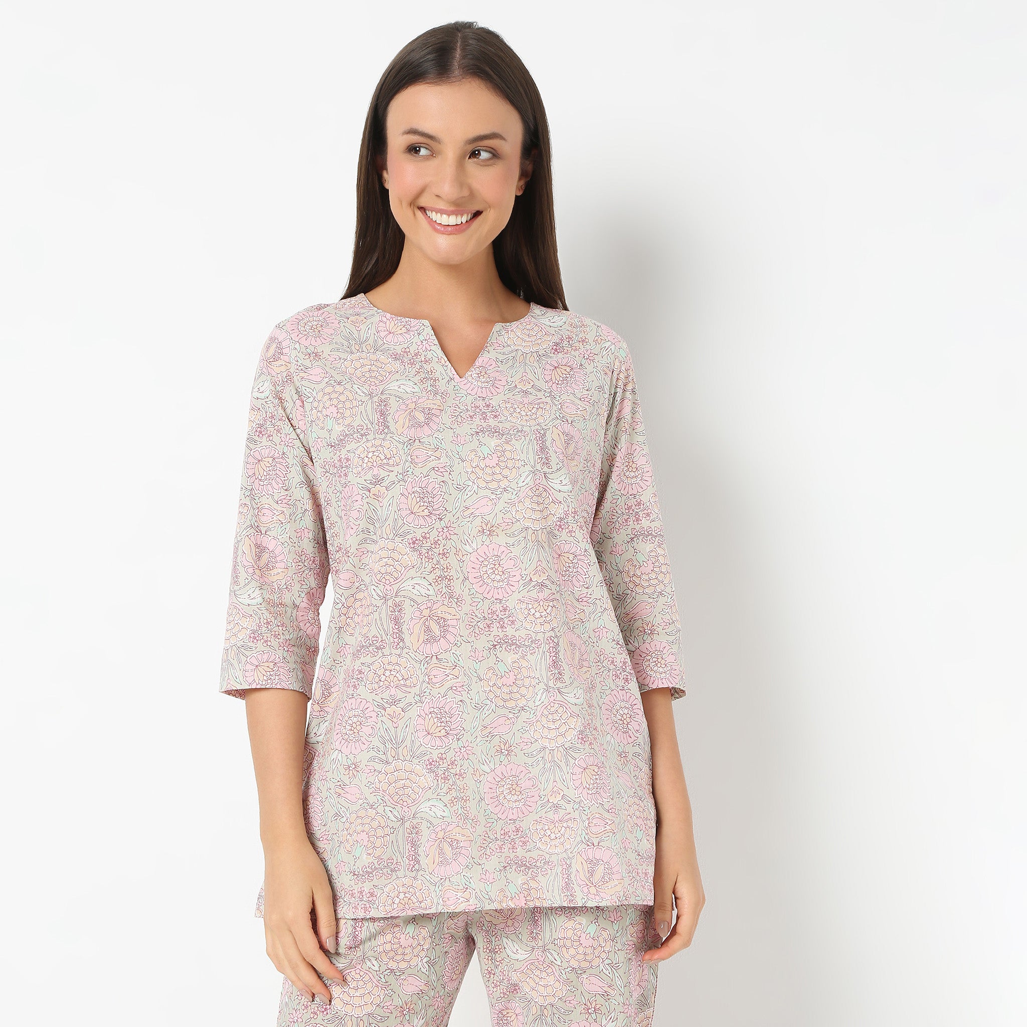 Round Neck Short Length Three-Fourth Sleeve Printed Jaipuri Topwear And With Pyjama Sleepwear Set