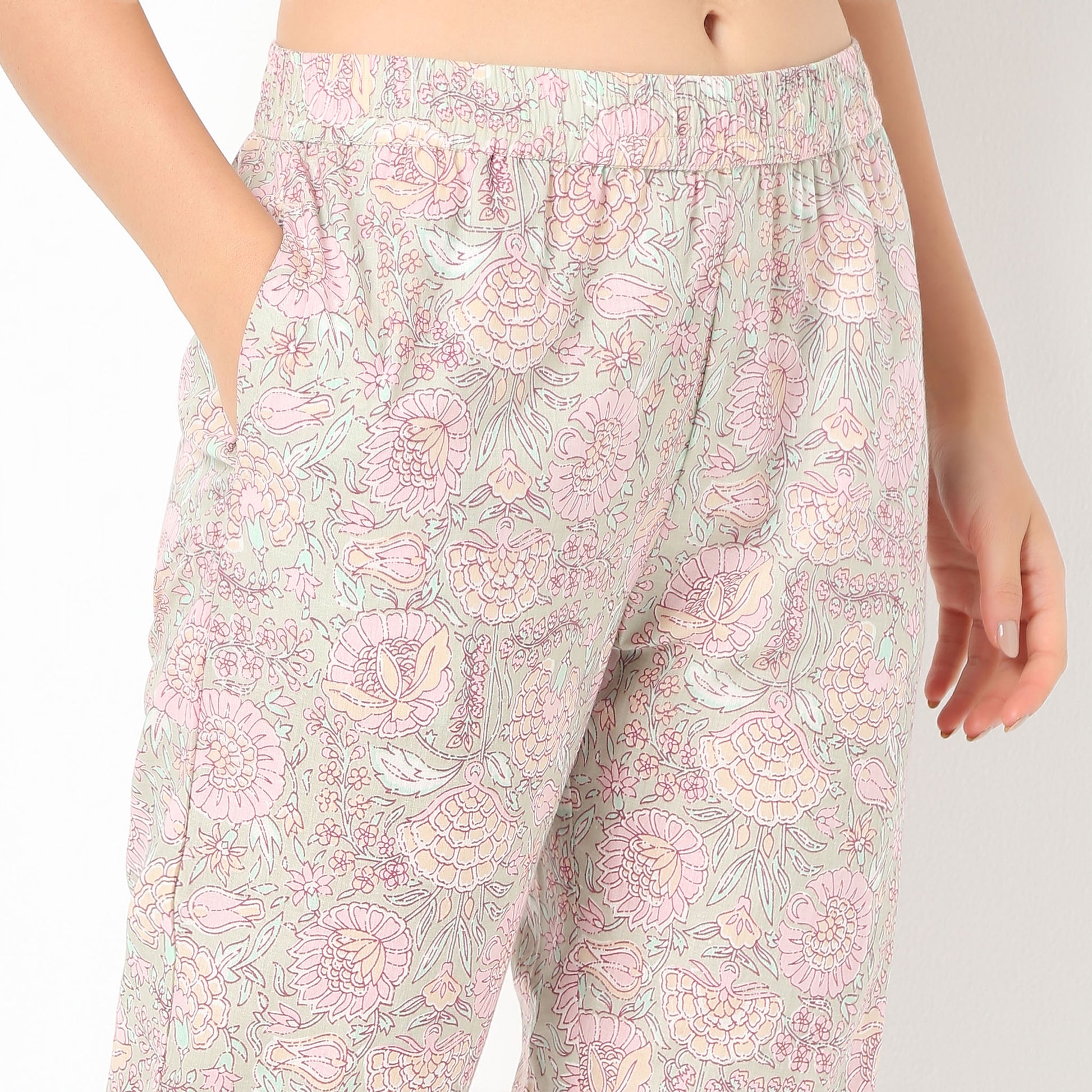 Round Neck Short Length Three-Fourth Sleeve Printed Jaipuri Topwear And With Pyjama Sleepwear Set