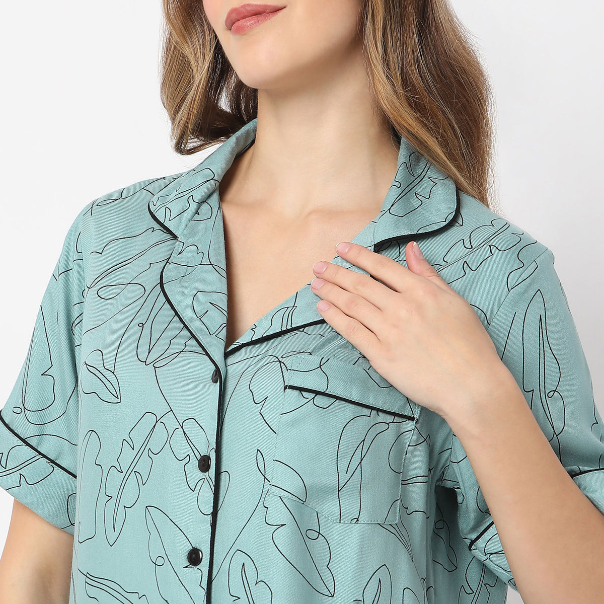 Printed Lapel Collar Short Sleeve Shirt with Pyjama Set