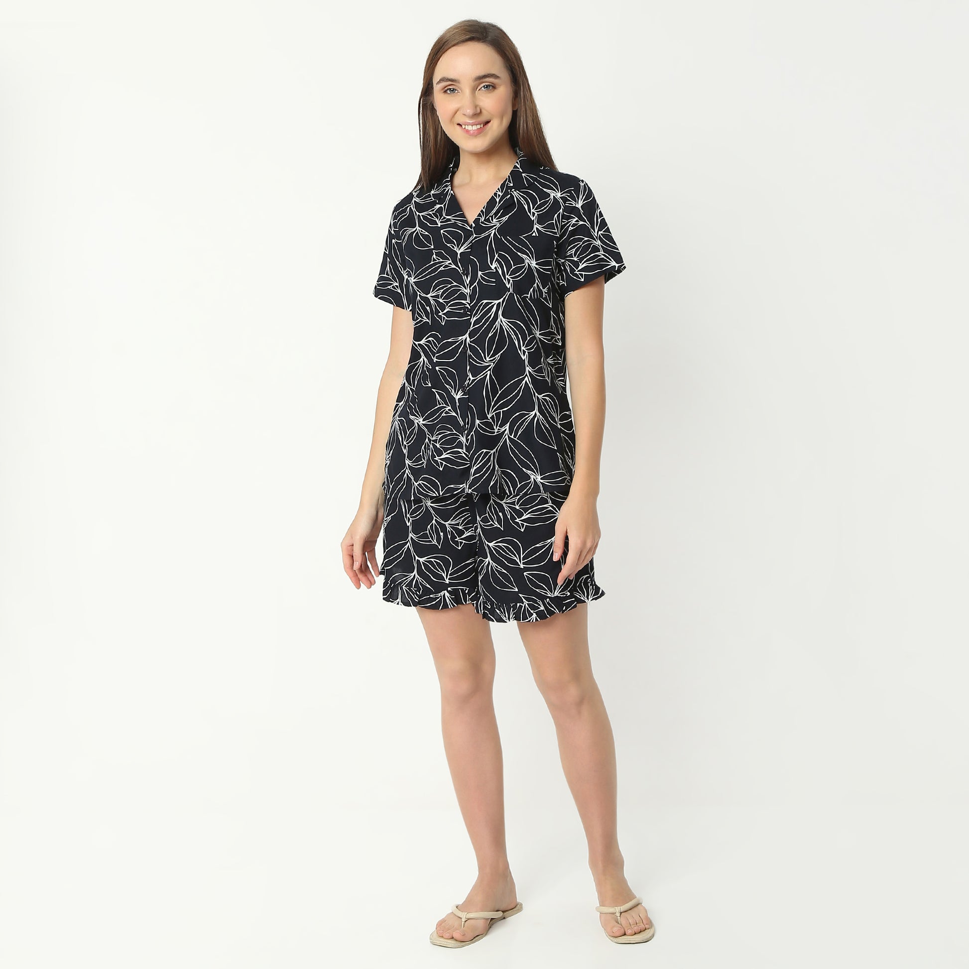 Regular Fit Printed Lapel Collar Regular Length Shirt with Shorts Sleepwear Set