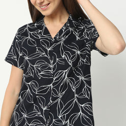 Regular Fit Printed Lapel Collar Regular Length Shirt with Shorts Sleepwear Set