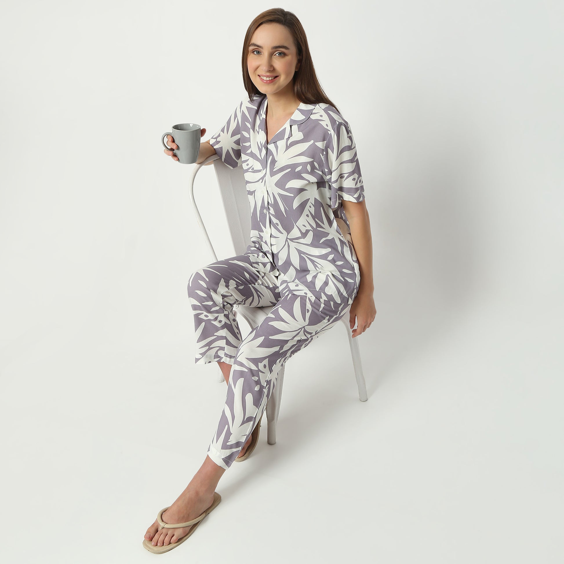 Regular Fit Printed Lapel Collar Full Length Shirt with Pyjama Set