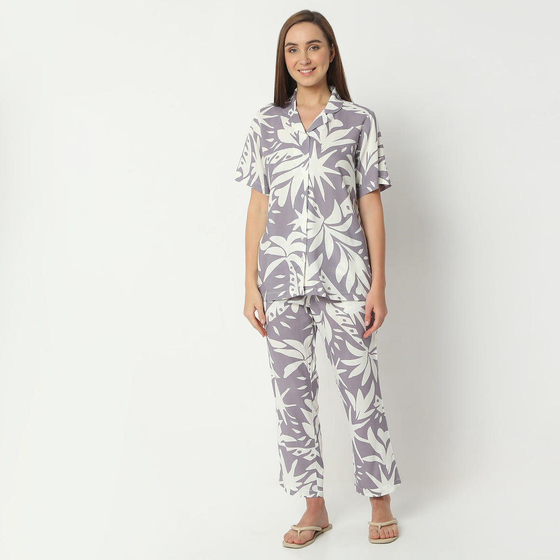 Regular Fit Printed Lapel Collar Full Length Shirt with Pyjama Set