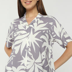 Regular Fit Printed Lapel Collar Full Length Shirt with Pyjama Set