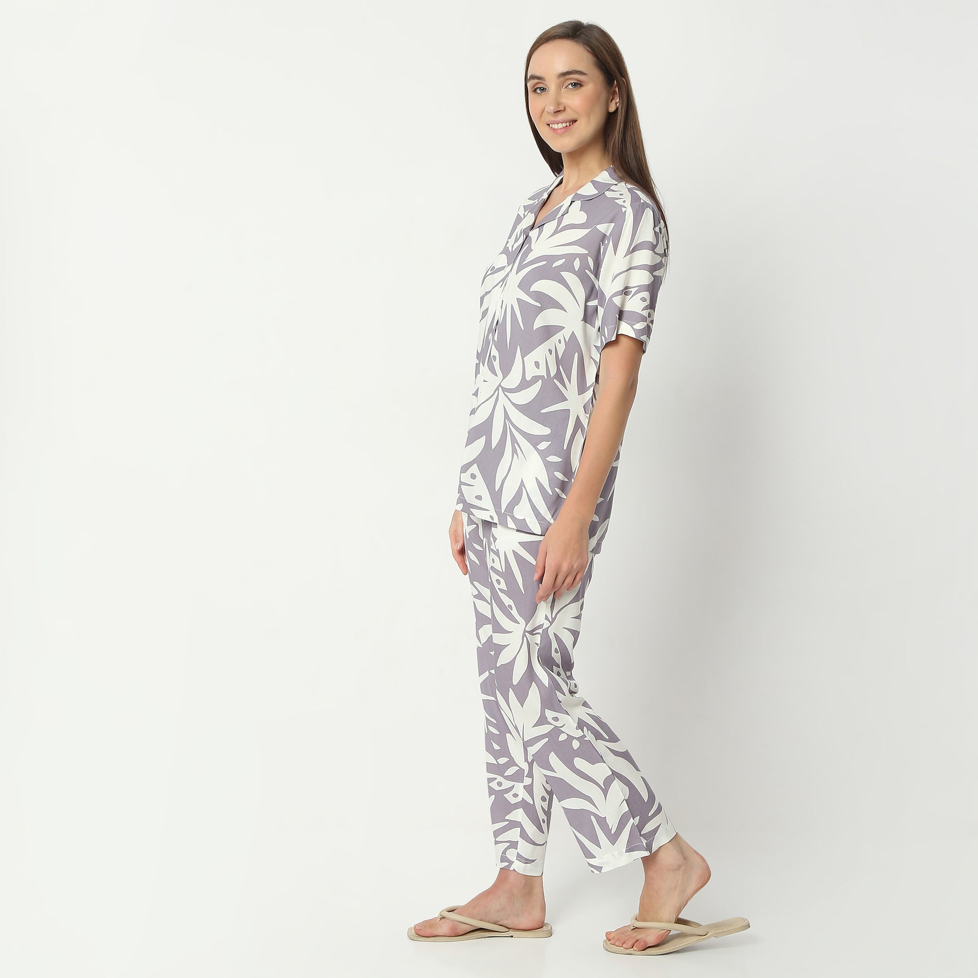 Regular Fit Printed Lapel Collar Full Length Shirt with Pyjama Set