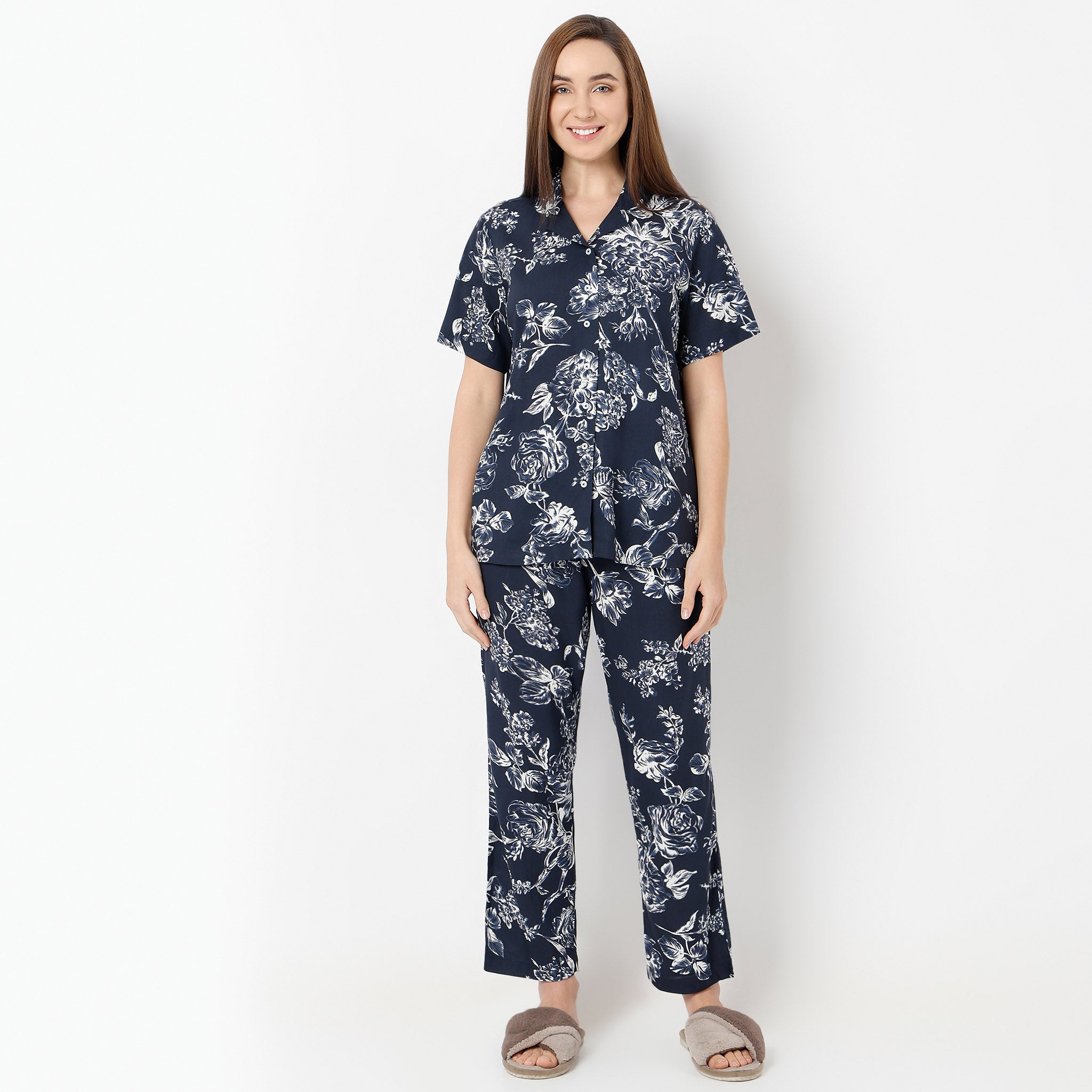 Regular Fit Printed Lapel Collar Shirt with Pyjama Set