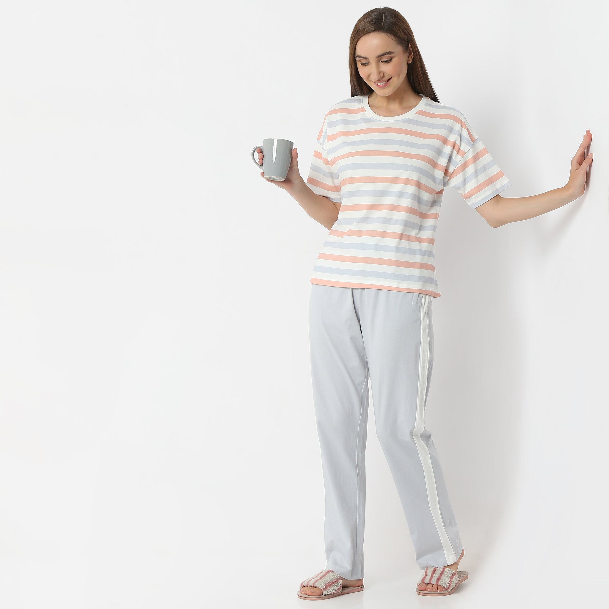 Regular Fit Striped Round Neck Regular Length T-Shirt with Pyjama Set