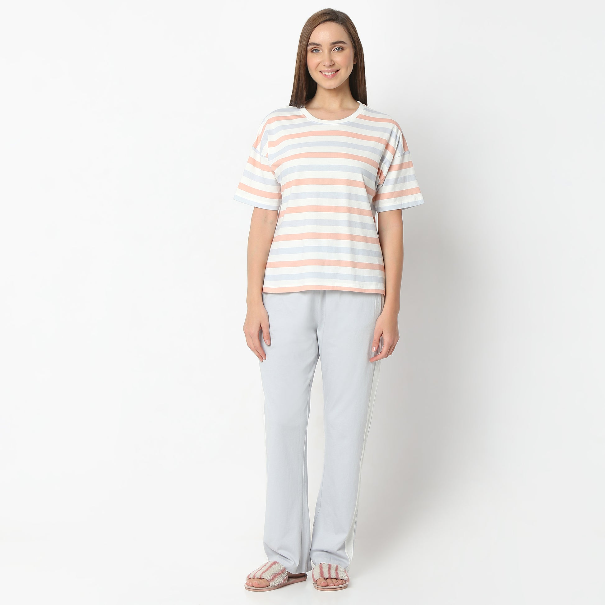 Regular Fit Striped Round Neck Regular Length T-Shirt with Pyjama Set