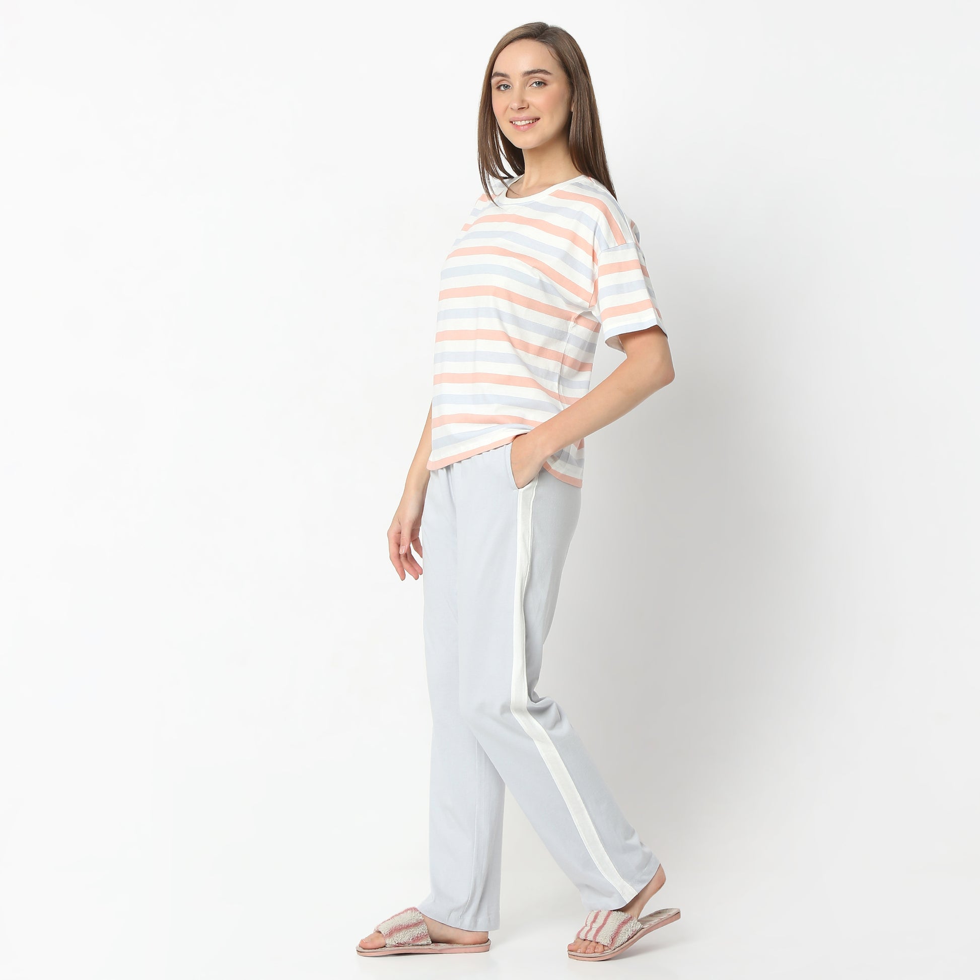 Regular Fit Striped Round Neck Regular Length T-Shirt with Pyjama Set