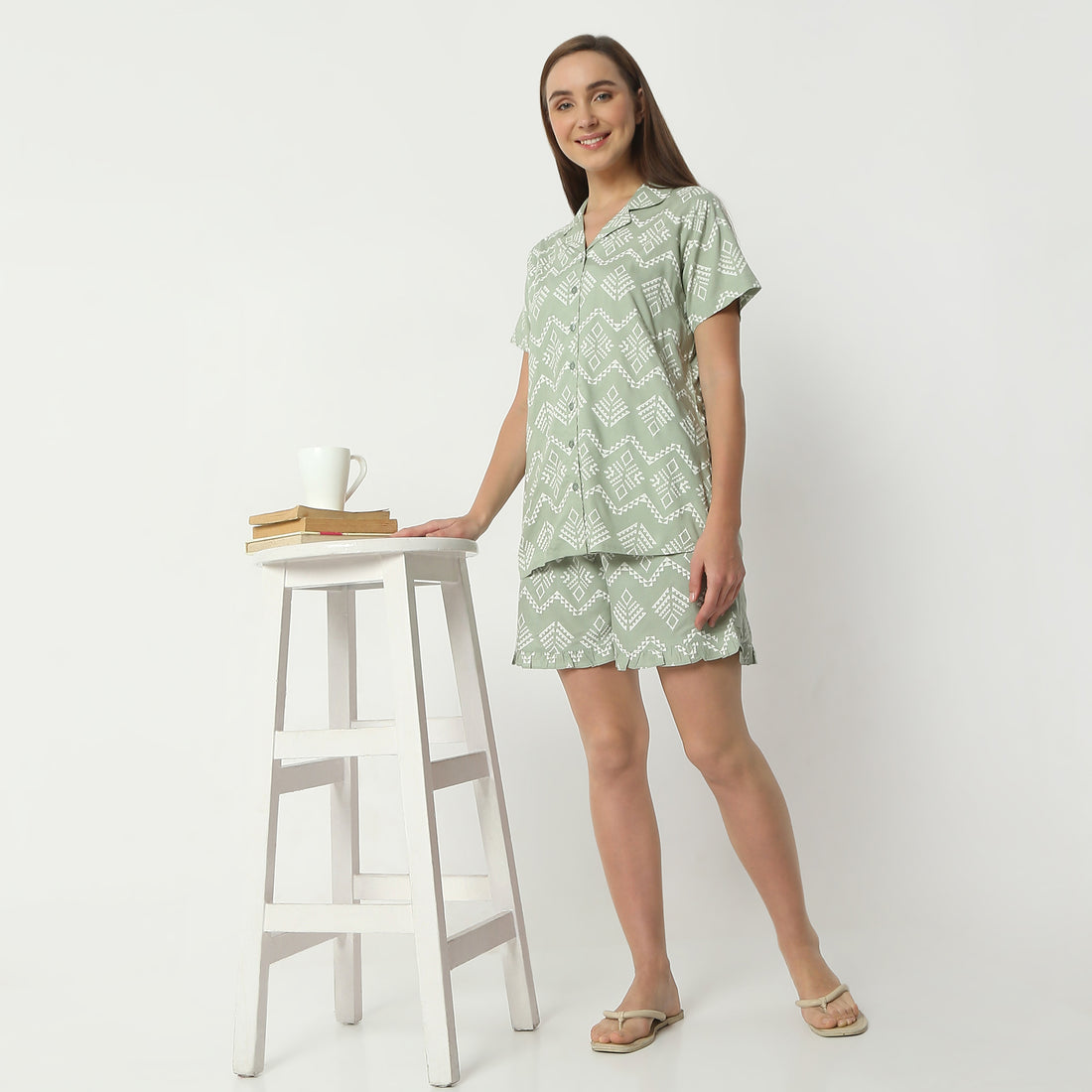 Regular Fit Printed Lapel Collar Regular Length Shirt with Shorts Sleepwear Set