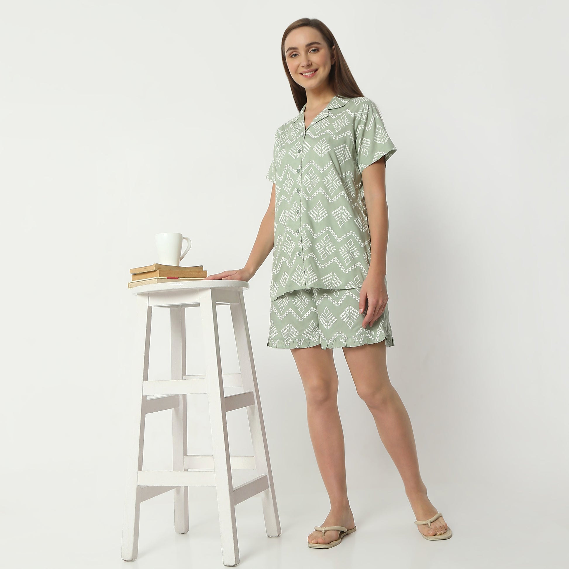 Regular Fit Printed Lapel Collar Regular Length Shirt with Shorts Sleepwear Set