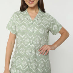 Regular Fit Printed Lapel Collar Regular Length Shirt with Shorts Sleepwear Set