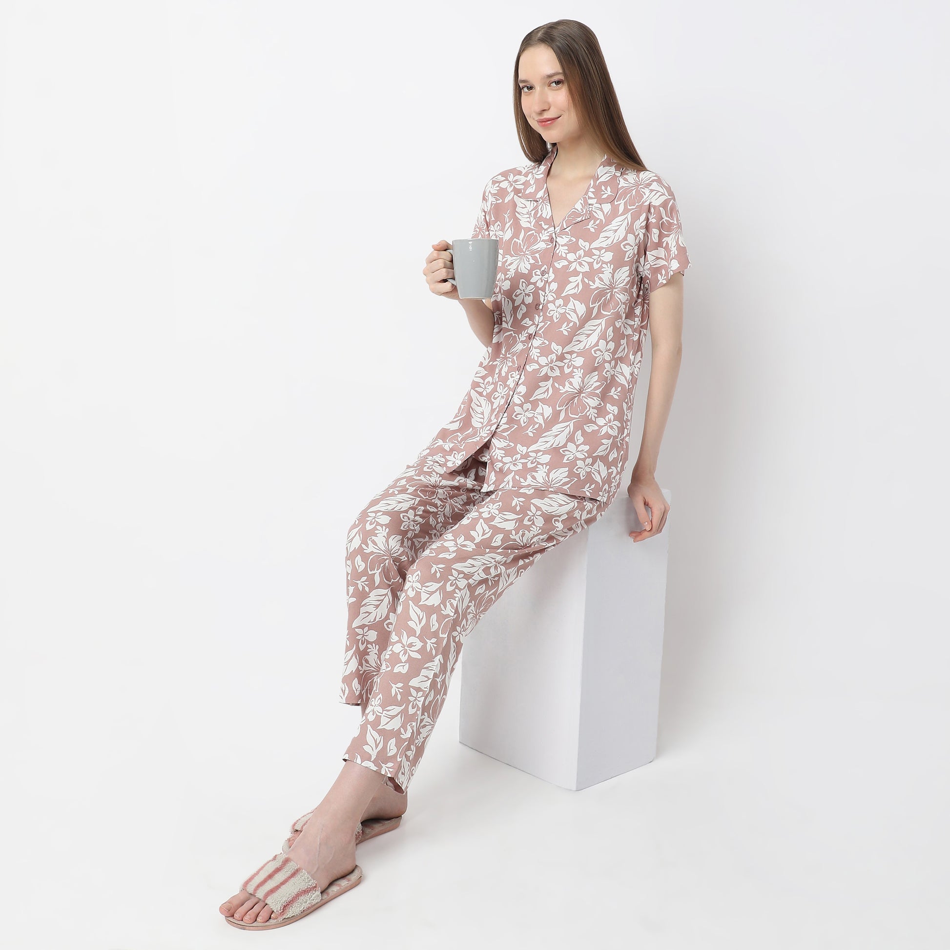 Floral Print Lapel Collar Short Sleeve Shirt with Pyjama Sleepwear Shirt