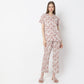 Floral Print Lapel Collar Short Sleeve Shirt with Pyjama Sleepwear Shirt