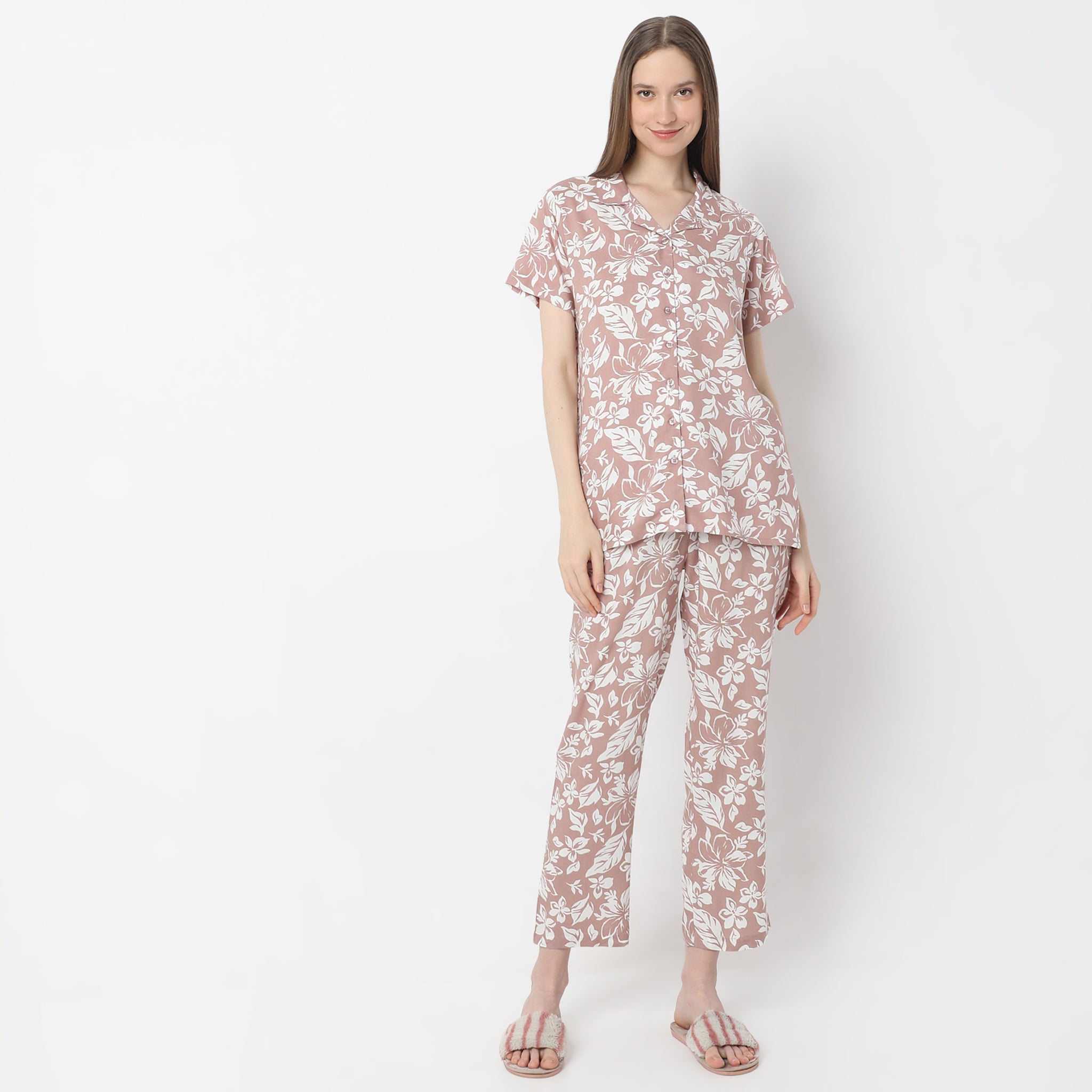 Floral Print Lapel Collar Short Sleeve Shirt with Pyjama Sleepwear Shirt