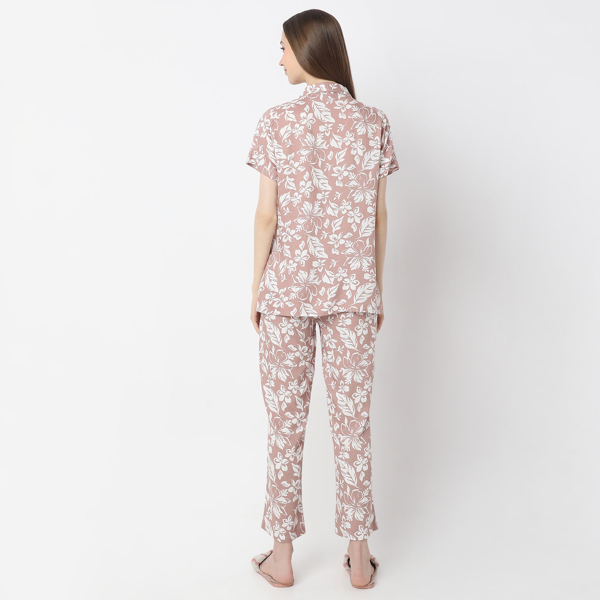 Floral Print Lapel Collar Short Sleeve Shirt with Pyjama Sleepwear Shirt